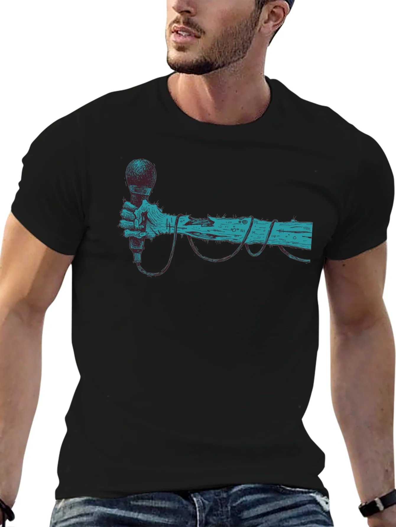 Retro Microphone Graphic Tee - Black