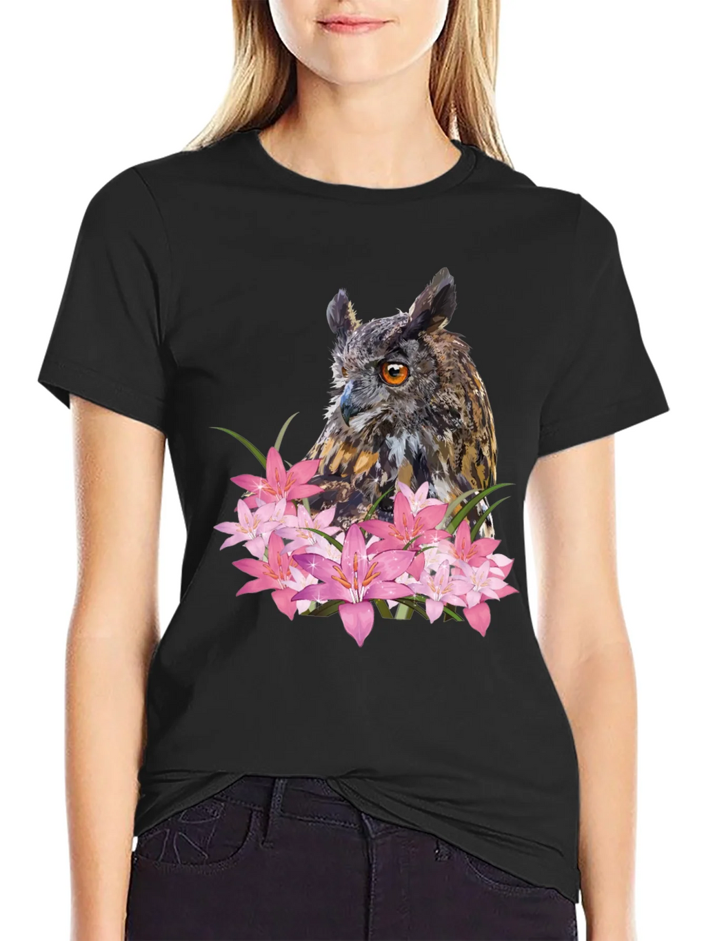 Owl & Lily Graphic T-Shirt - Unique Nature Design