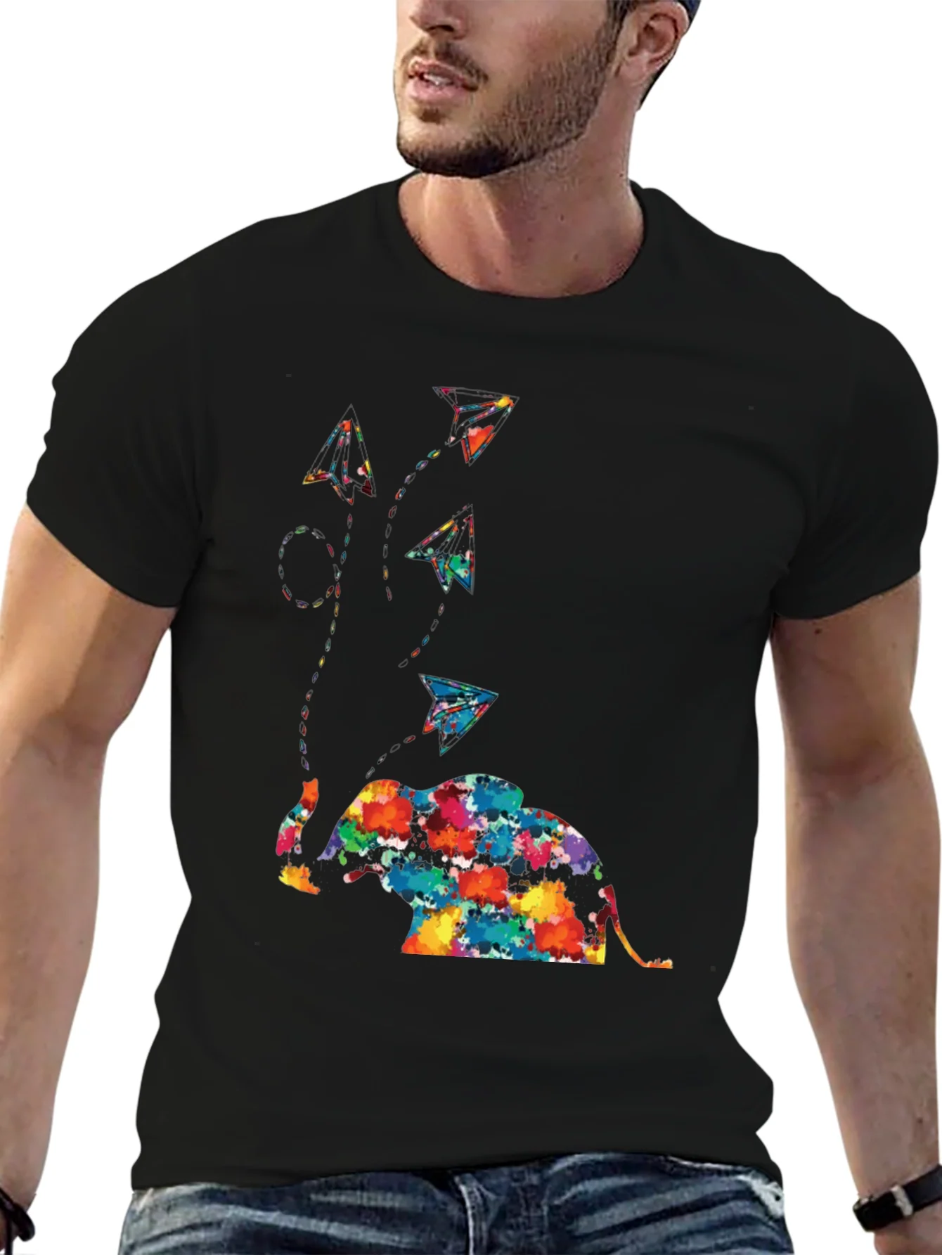 Colorful Elephant & Paper Airplane Graphic Tee