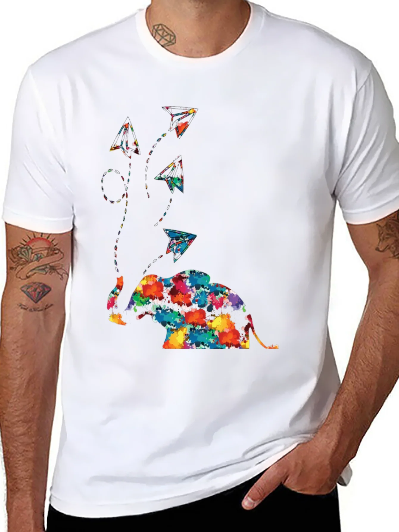 Colorful Elephant & Paper Airplane Graphic Tee