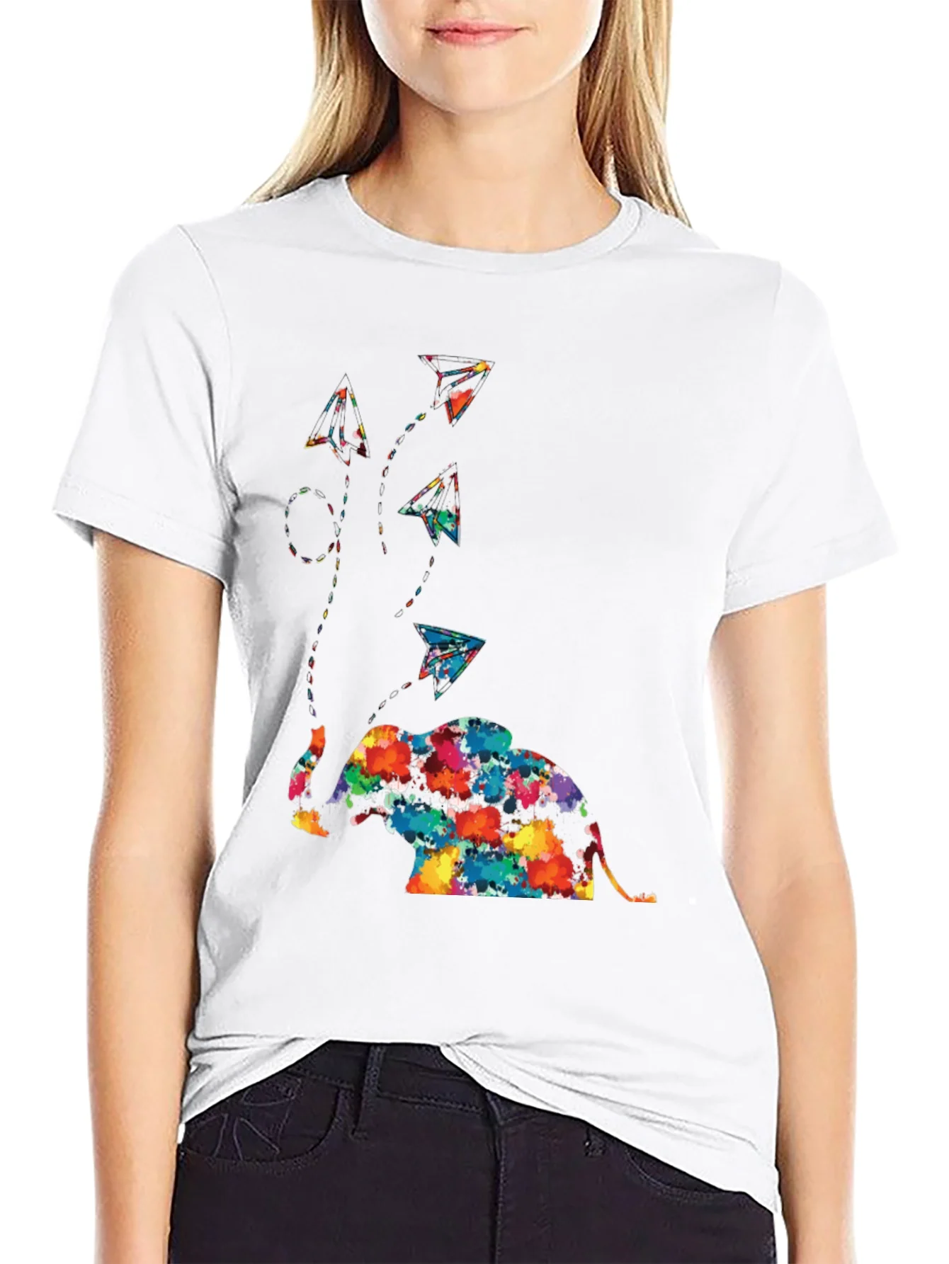 Colorful Elephant & Paper Airplane Graphic Tee