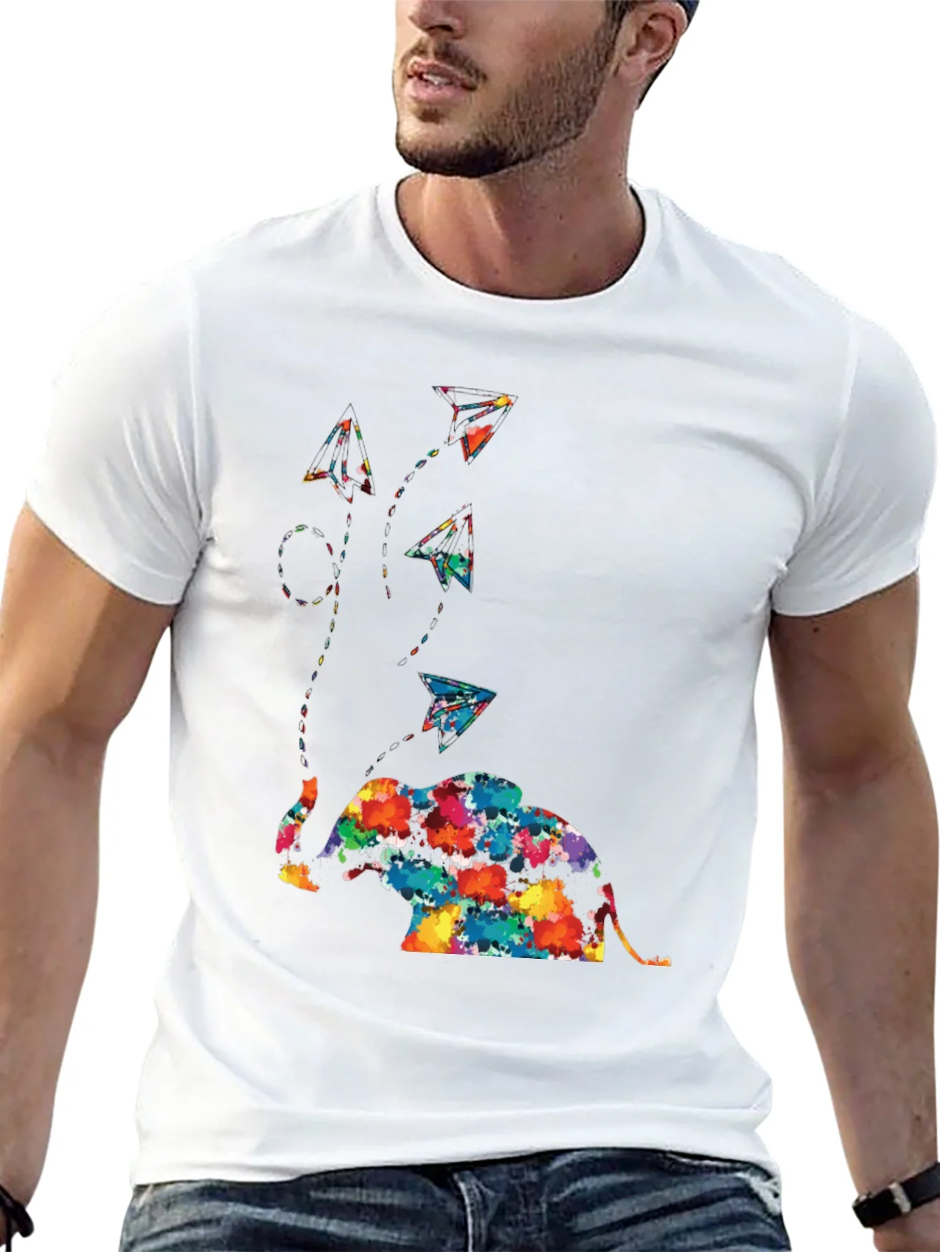 Colorful Elephant & Paper Airplane Graphic Tee