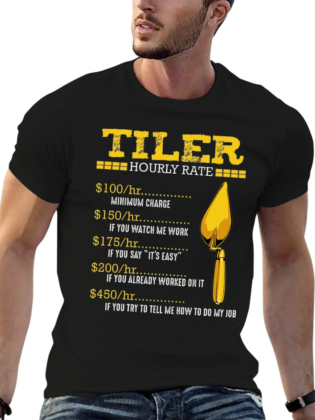 Tiler Hourly Rate Funny Black T-Shirt