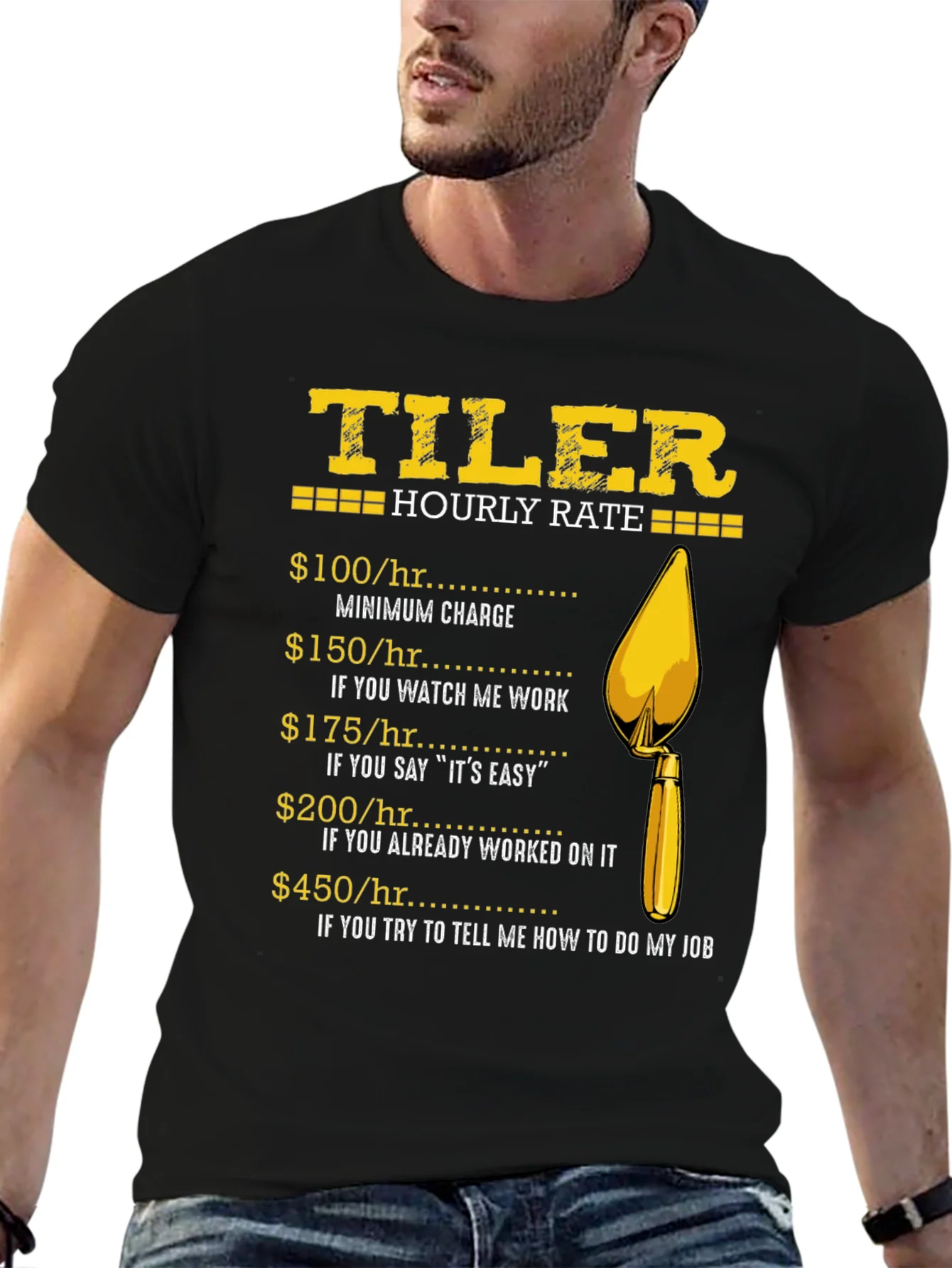 Tiler Hourly Rate Funny Black T-Shirt