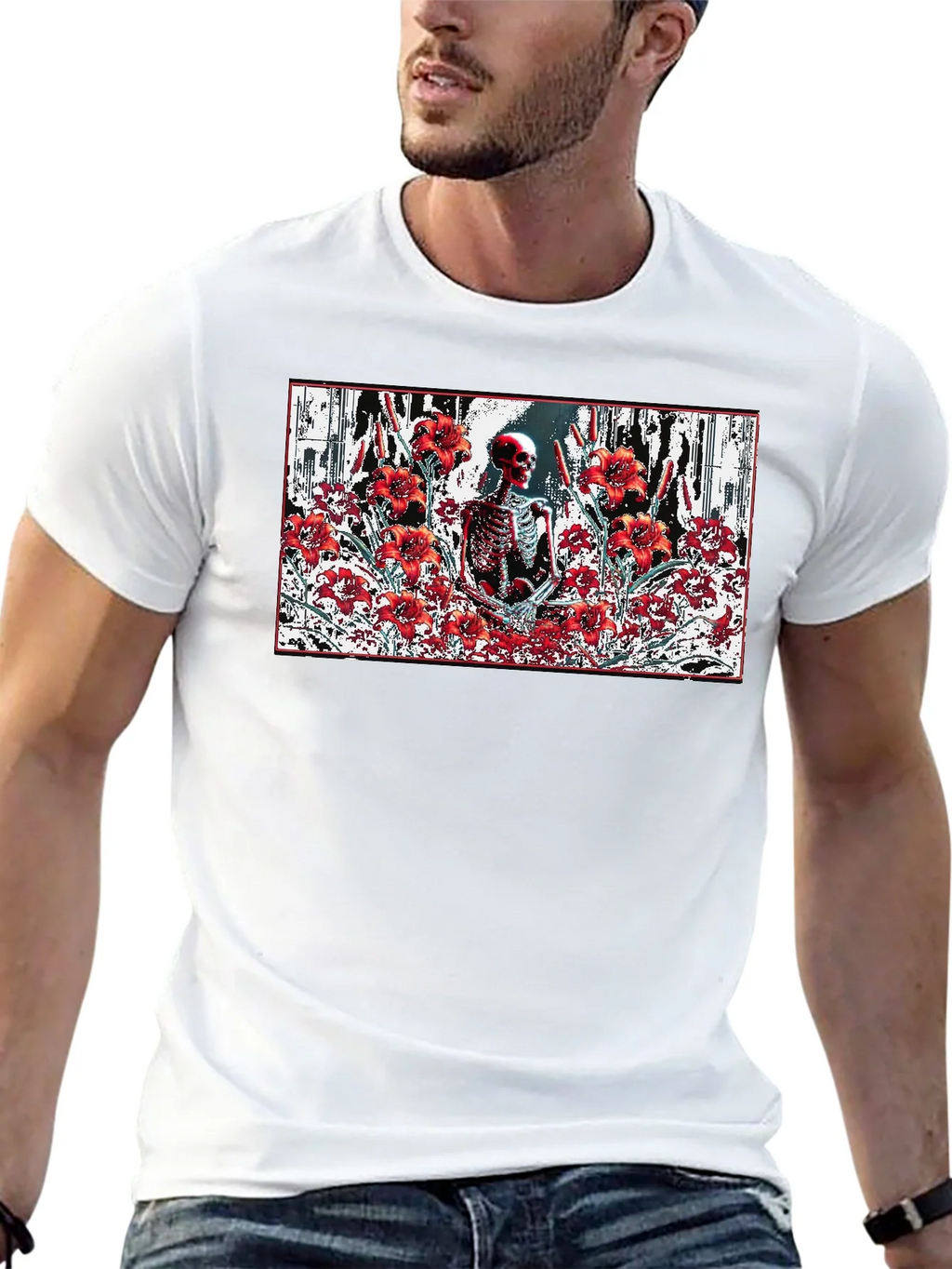Skeleton in Floral T-Shirt - Gothic Style