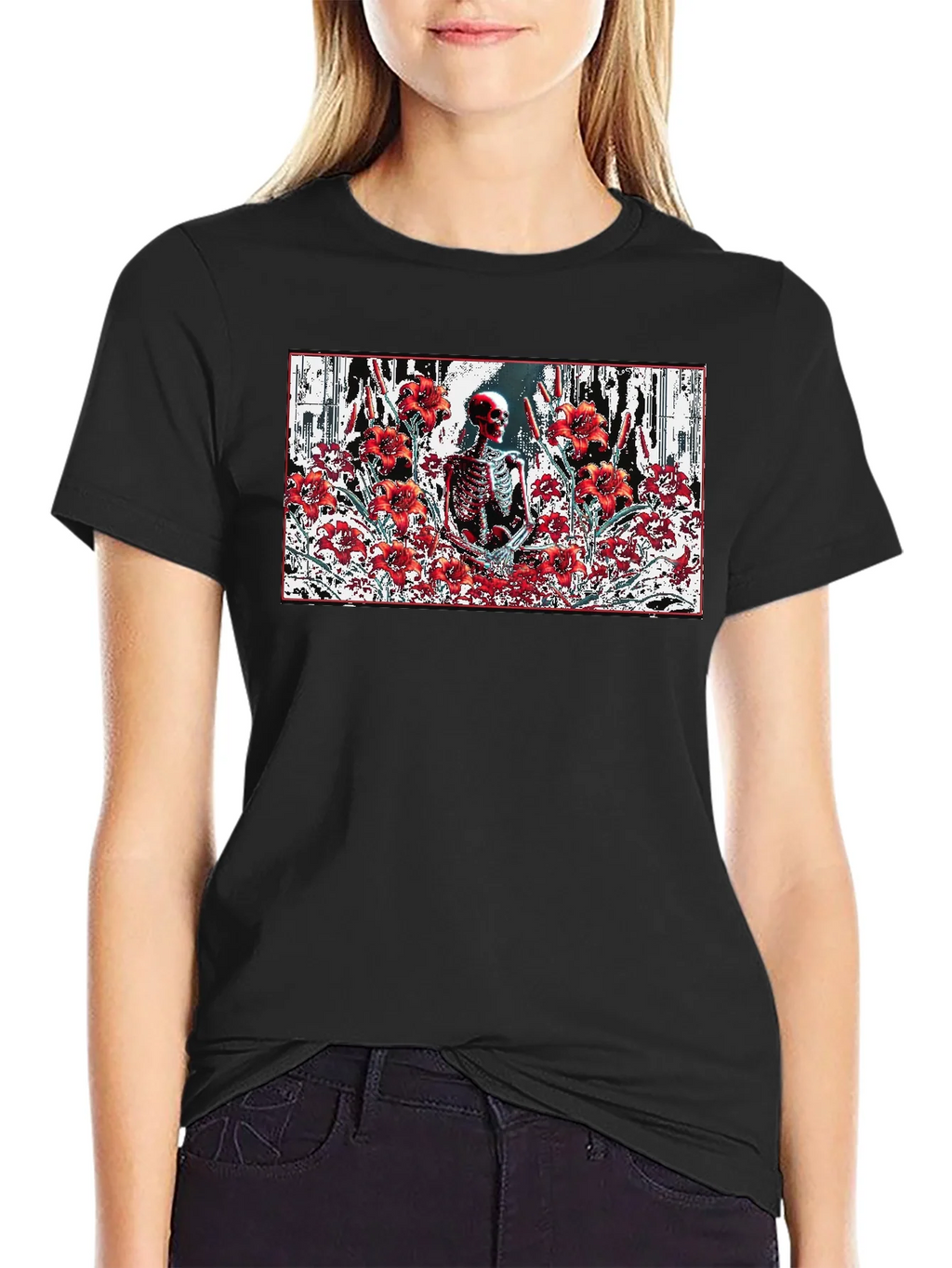Skeleton in Floral T-Shirt - Gothic Style