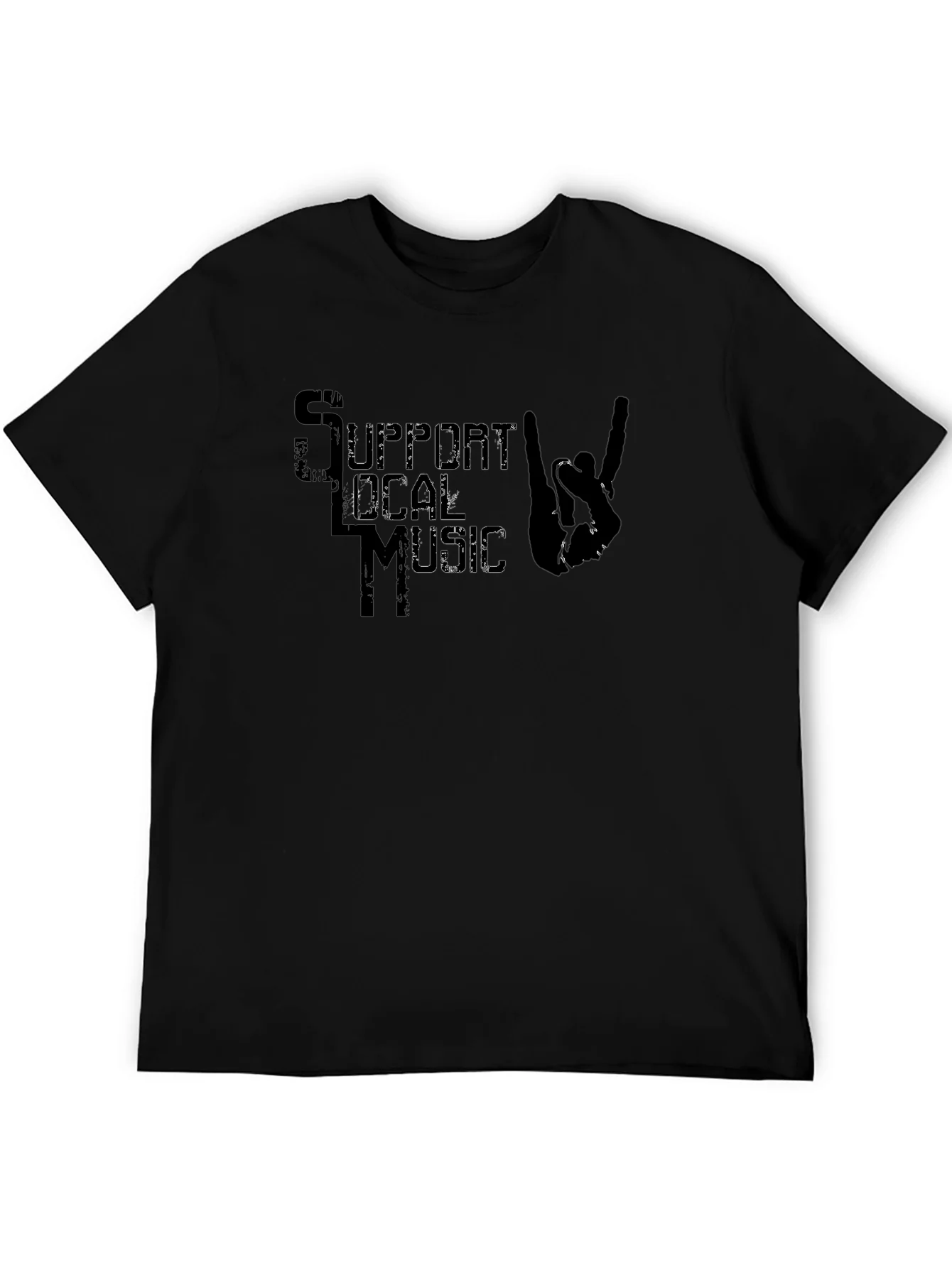 Support Local Music T-Shirt Rock On Hand Sign Black Tee