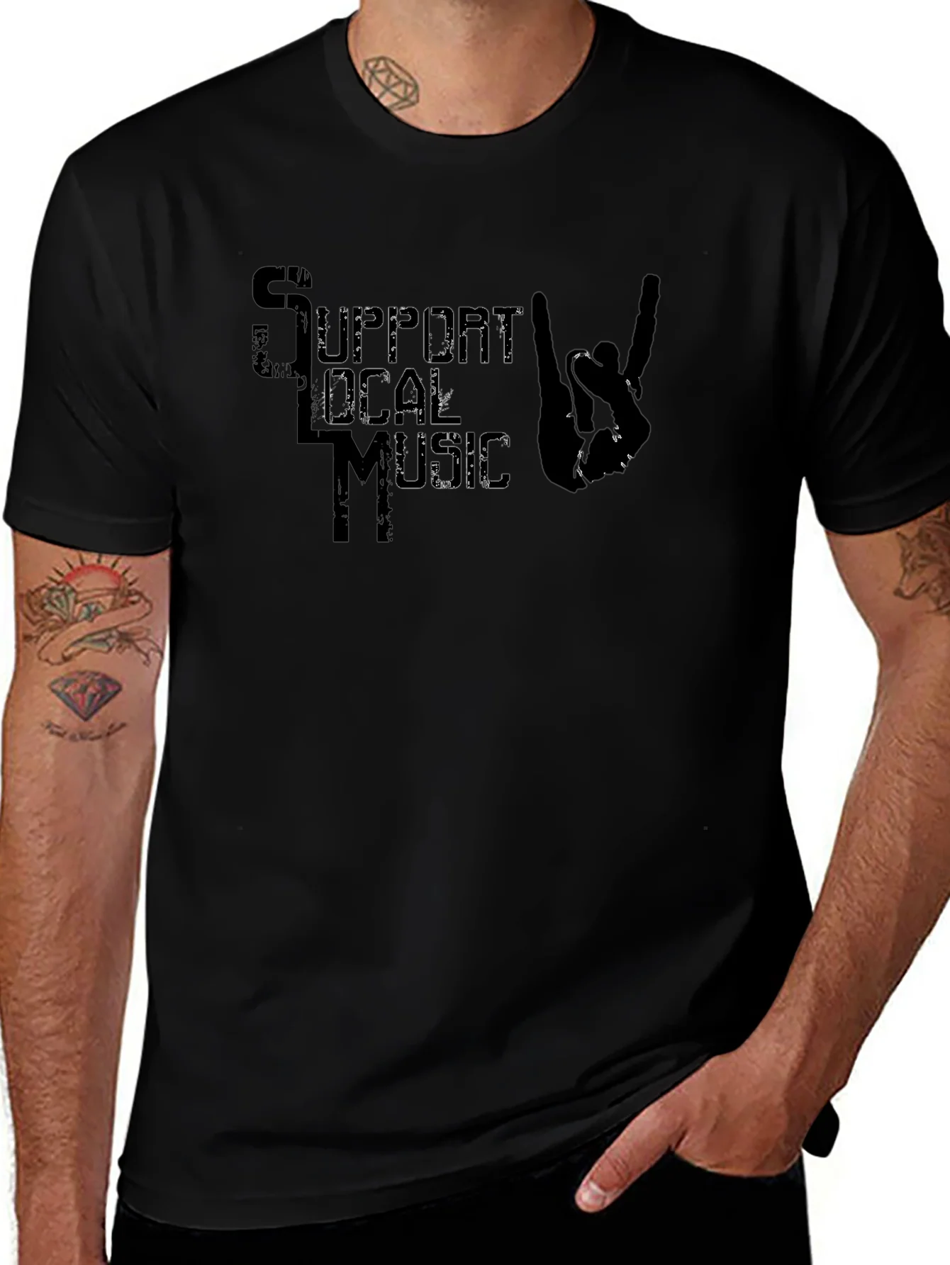 Support Local Music T-Shirt Rock On Hand Sign Black Tee
