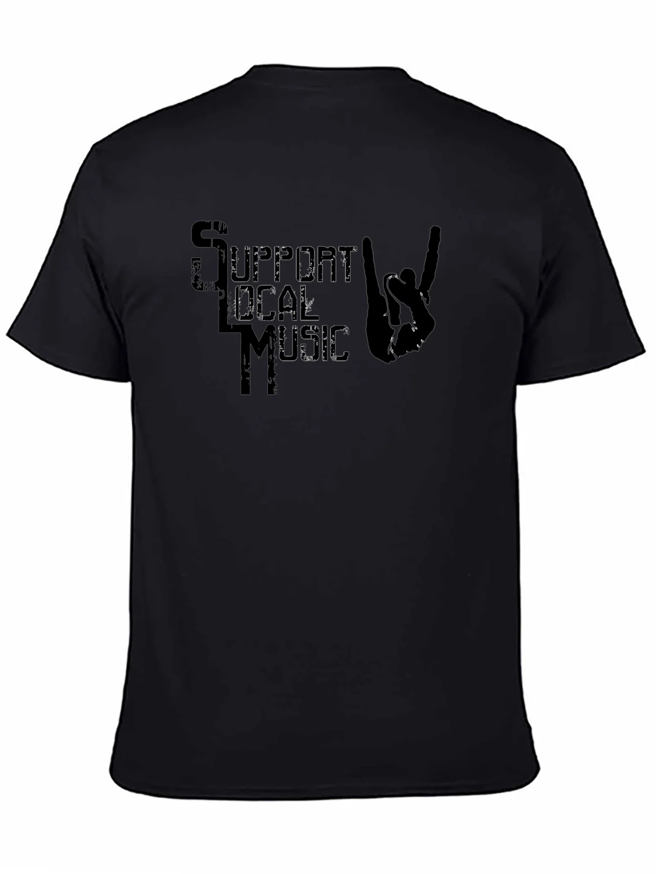 Support Local Music T-Shirt Rock On Hand Sign Black Tee