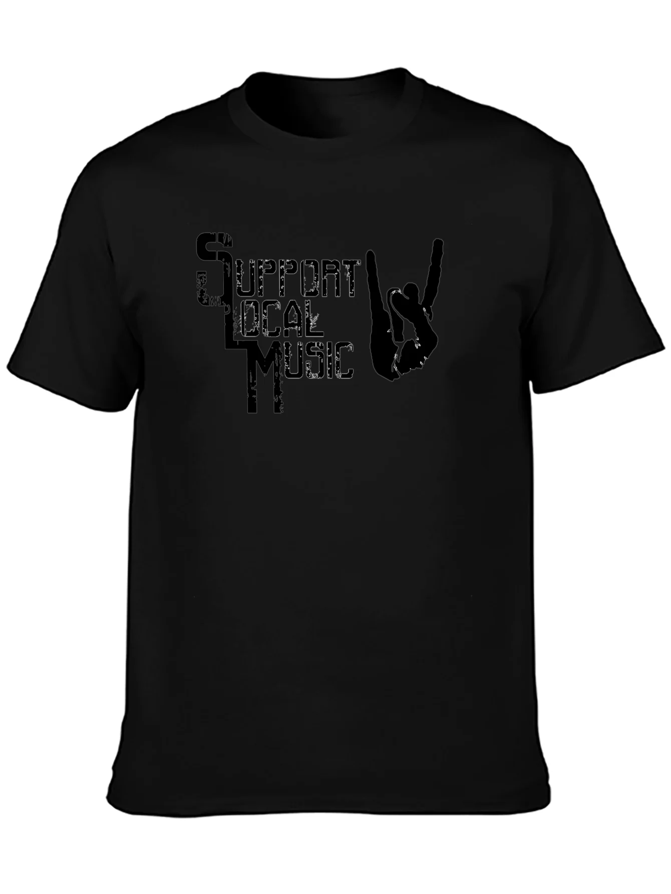Support Local Music T-Shirt Rock On Hand Sign Black Tee