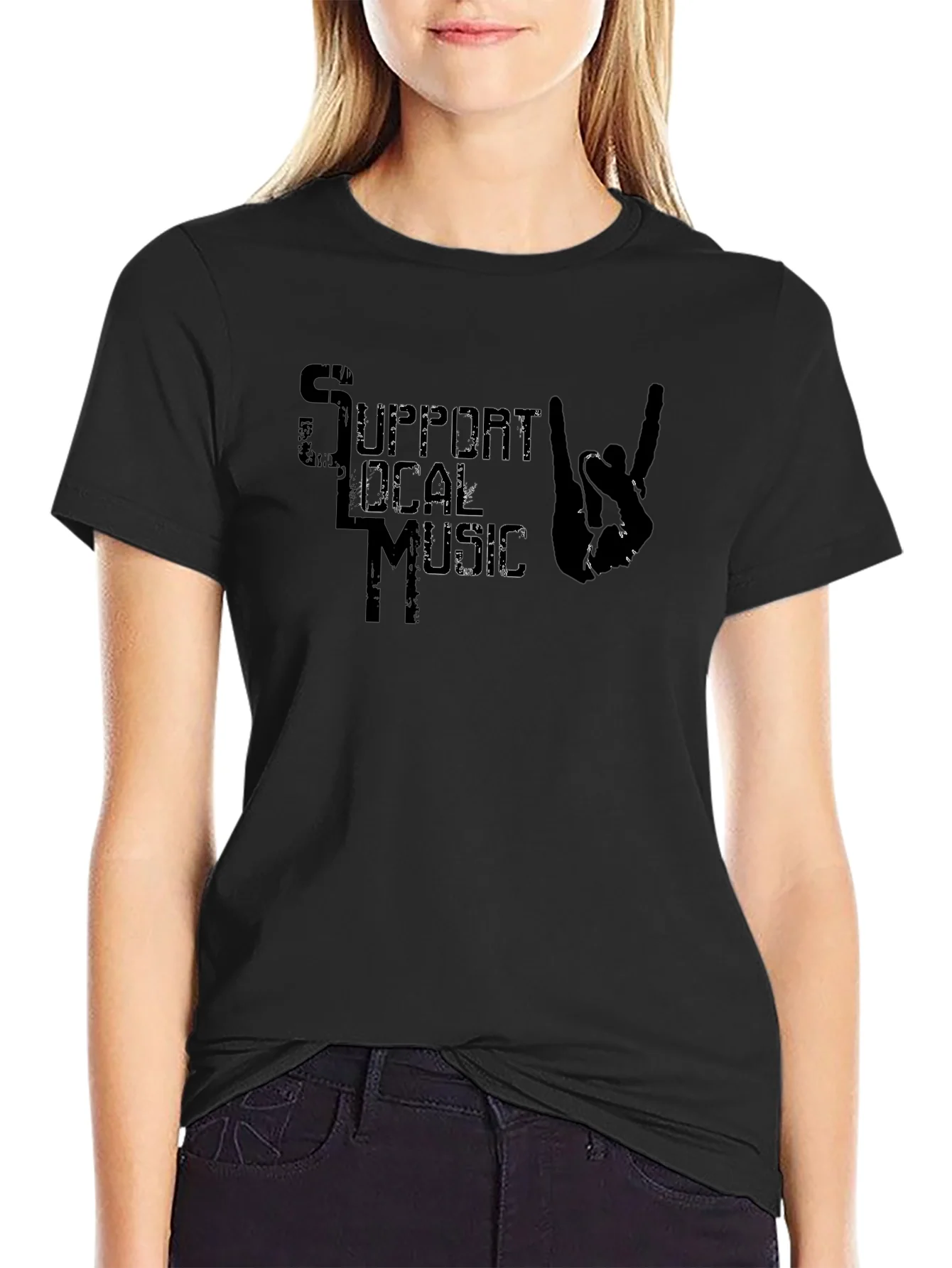 Support Local Music T-Shirt Rock On Hand Sign Black Tee