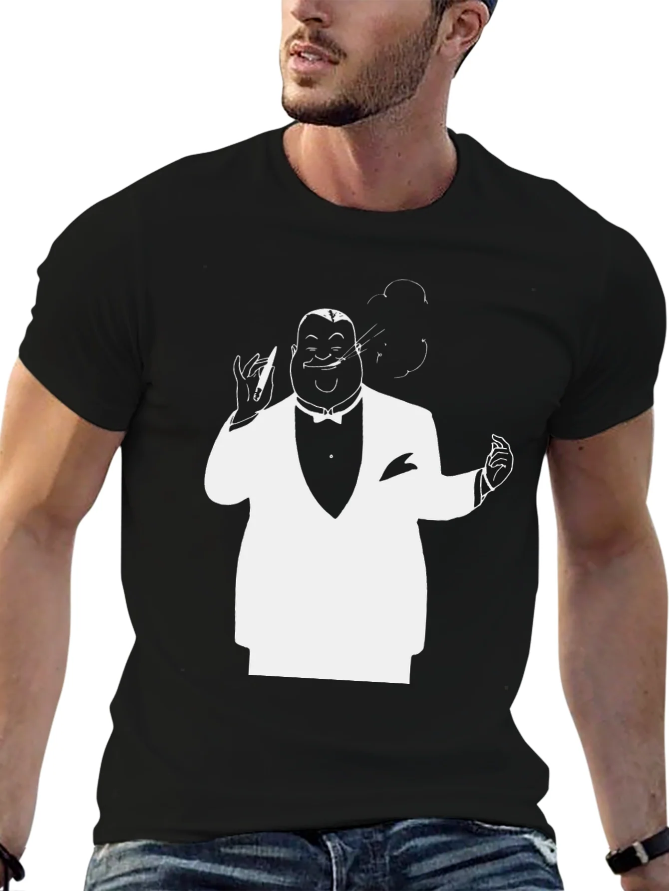 Black T-Shirt with White Tuxedo Man Design