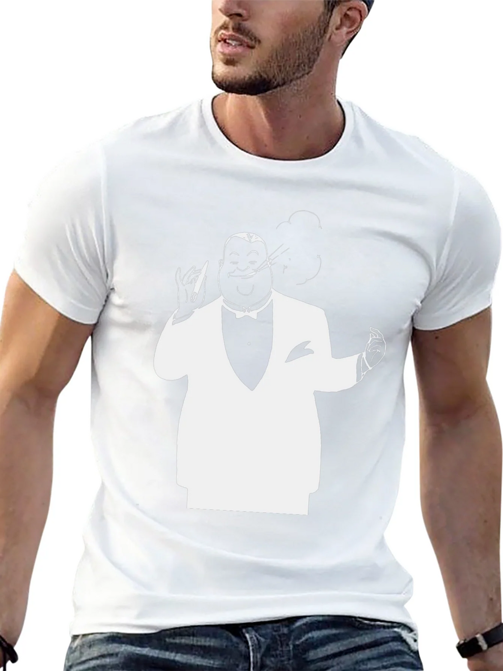 Black T-Shirt with White Tuxedo Man Design