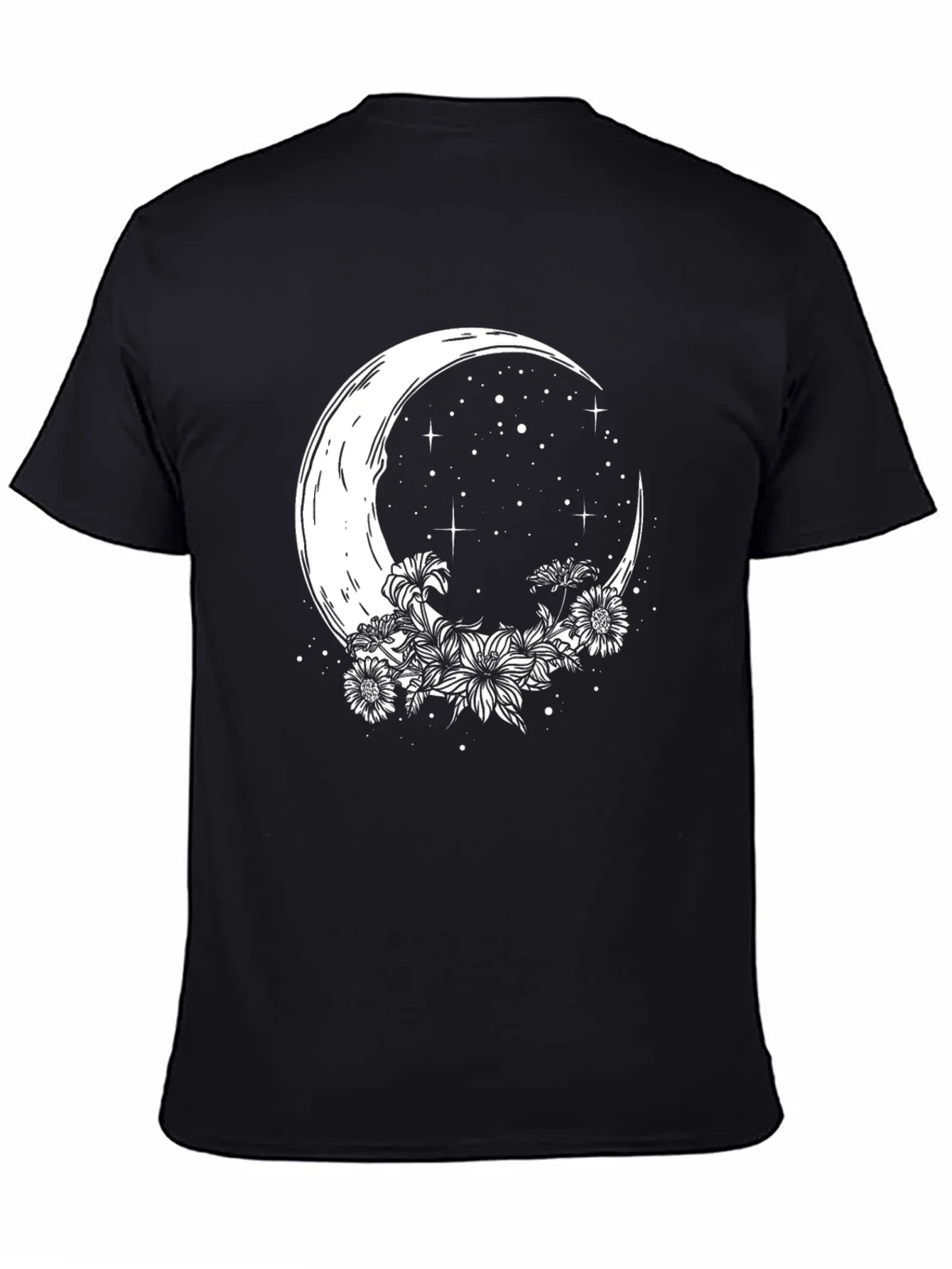Crescent Moon Floral Graphic Tee - Stylish Black T-Shirt