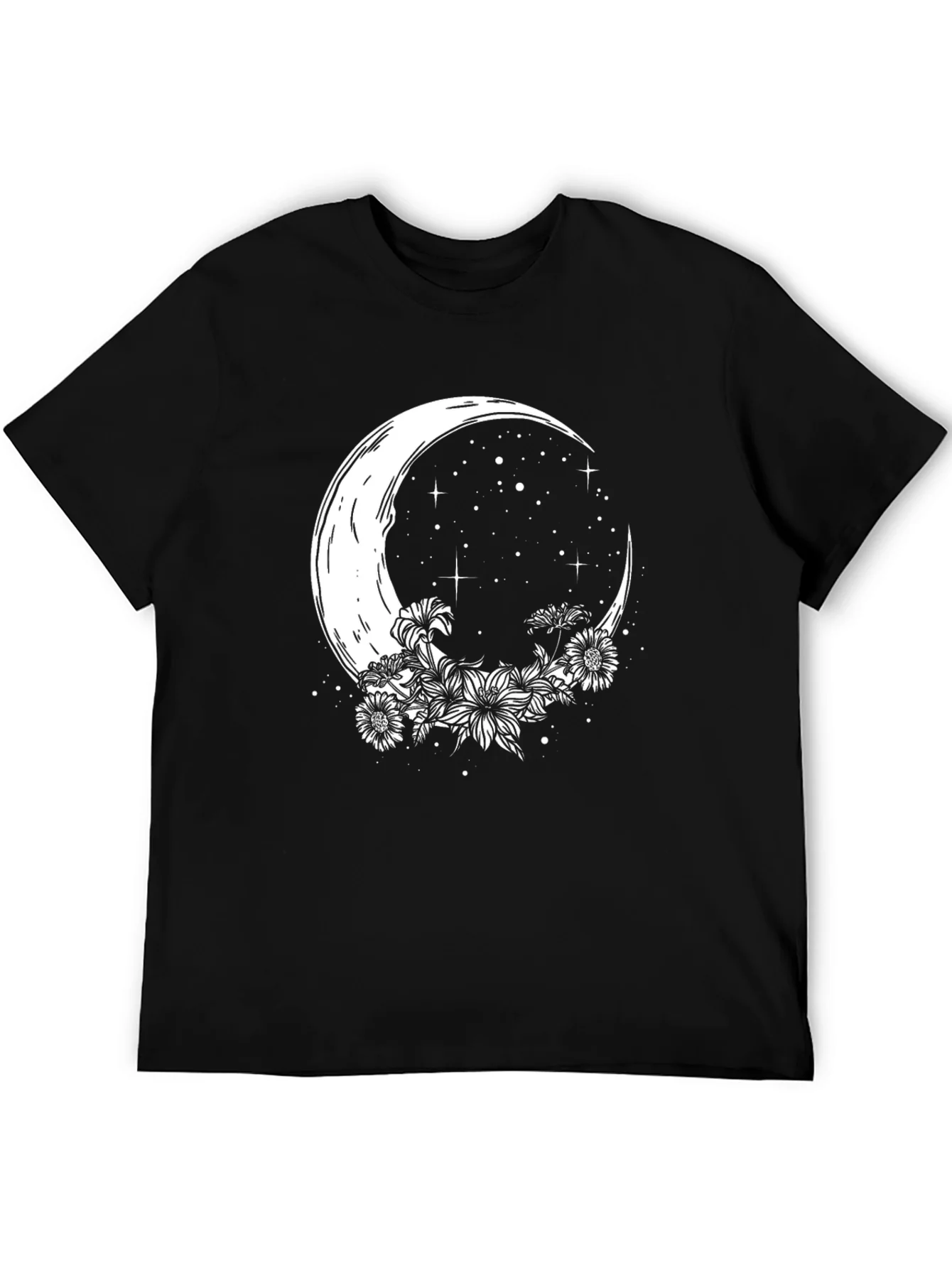 Crescent Moon Floral Graphic Tee - Stylish Black T-Shirt