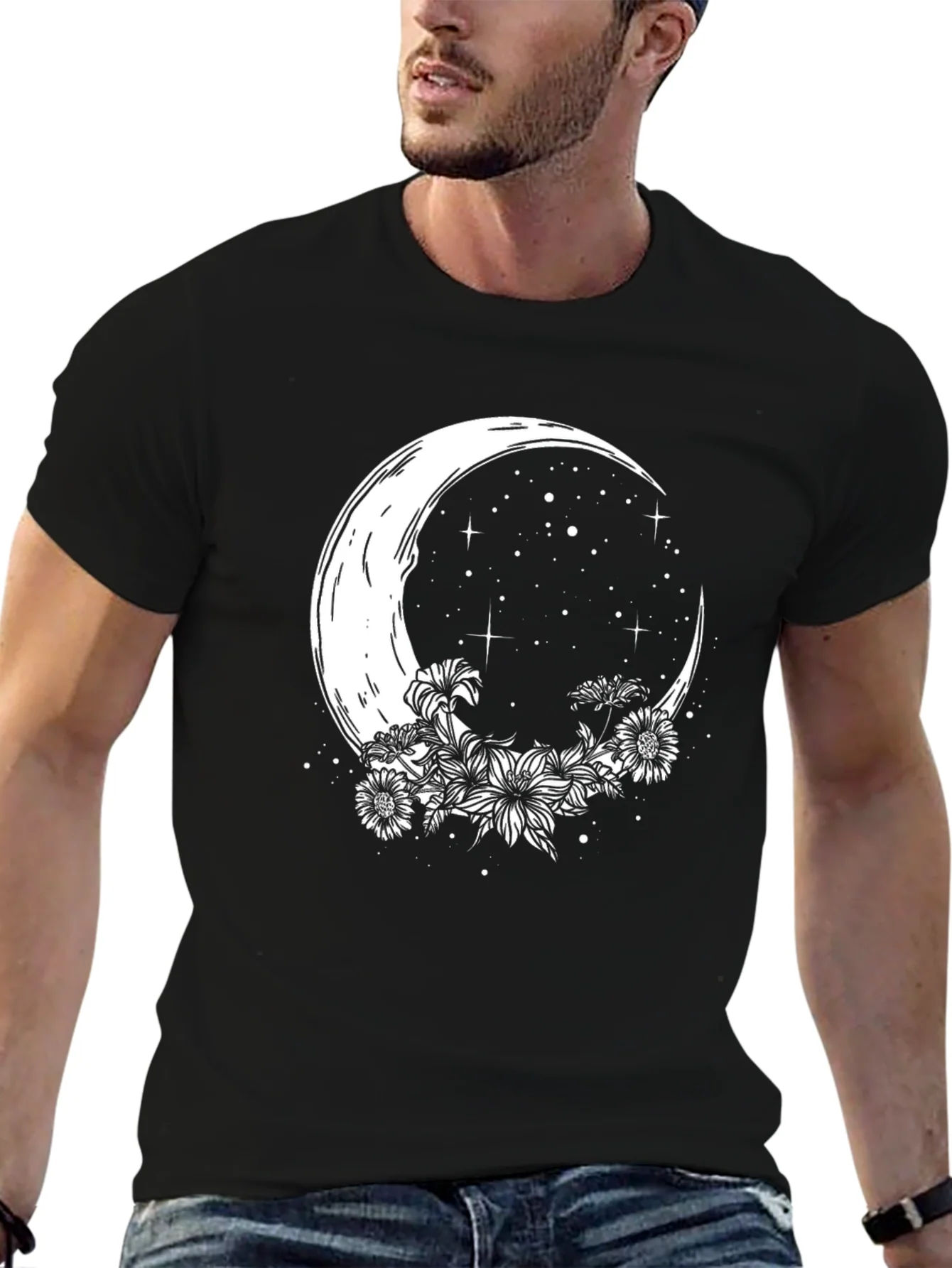 Crescent Moon Floral Graphic Tee - Stylish Black T-Shirt