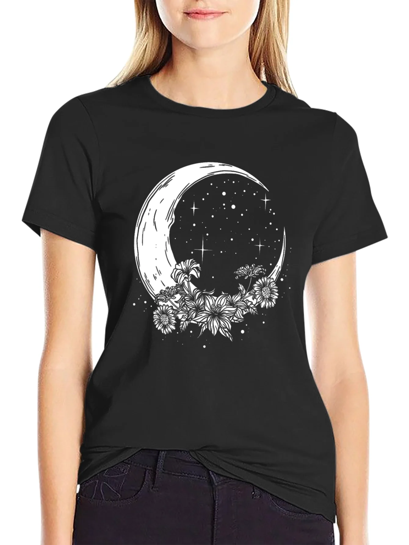 Crescent Moon Floral Graphic Tee - Stylish Black T-Shirt