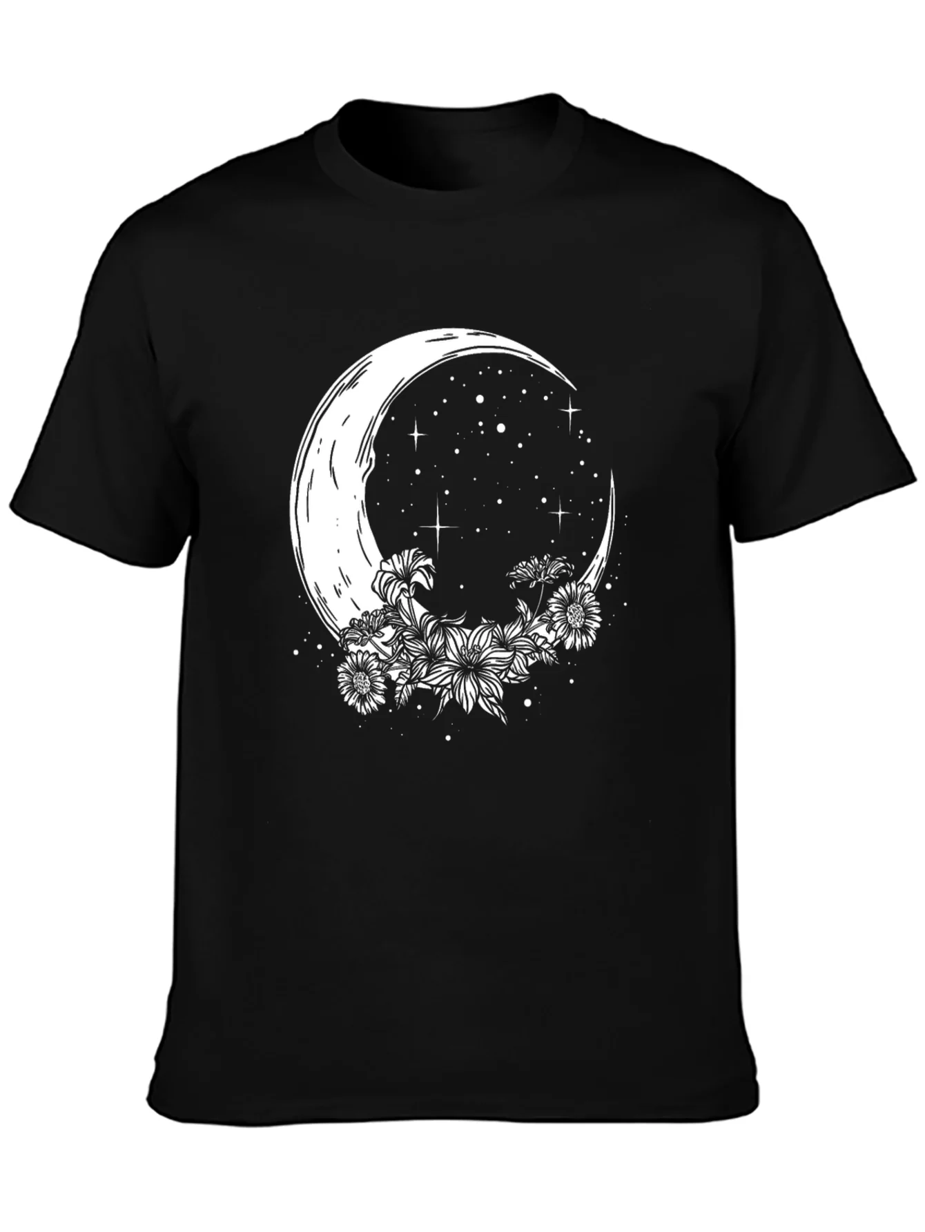 Crescent Moon Floral Graphic Tee - Stylish Black T-Shirt