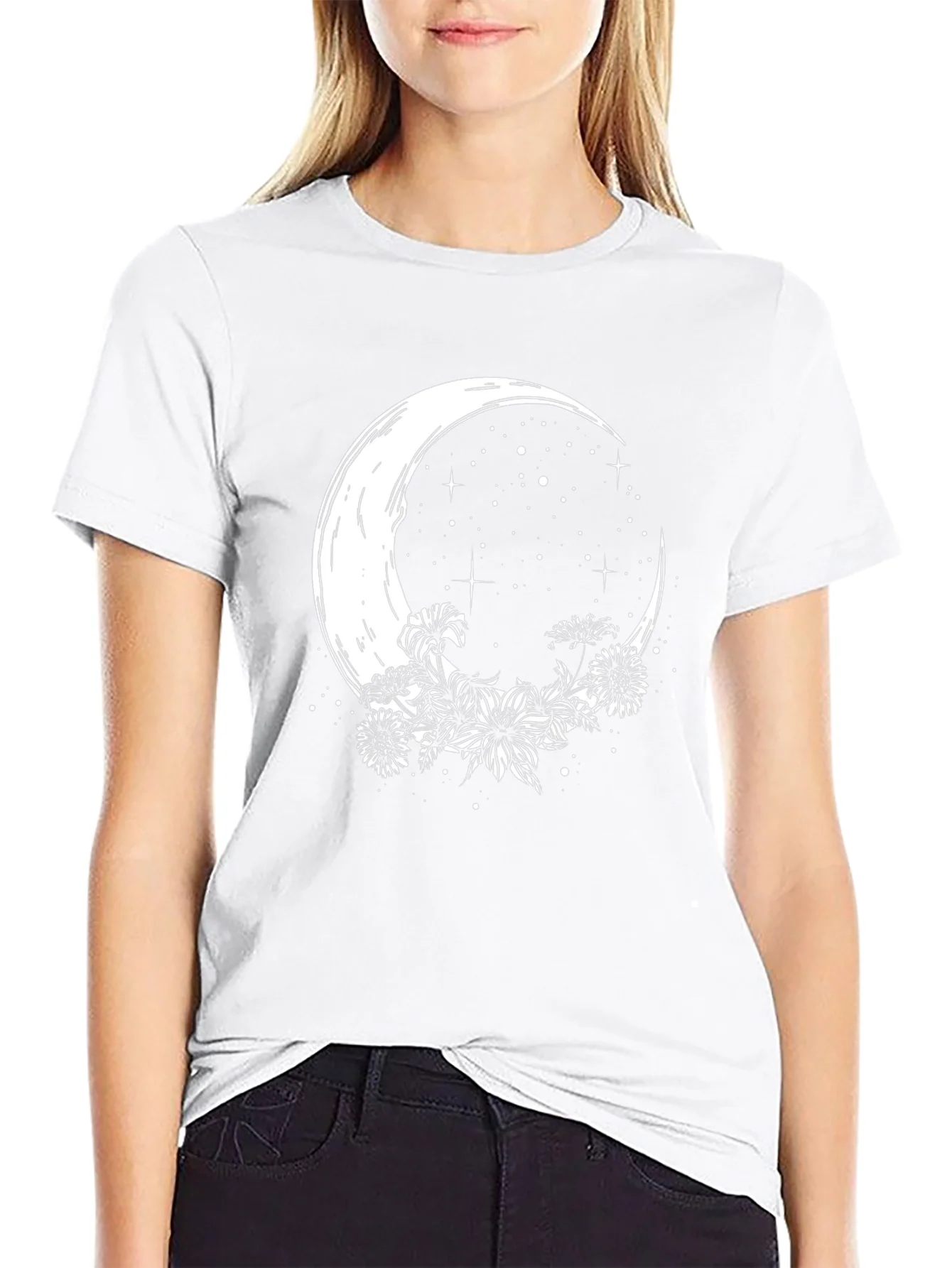 Crescent Moon Floral Graphic Tee - Stylish Black T-Shirt