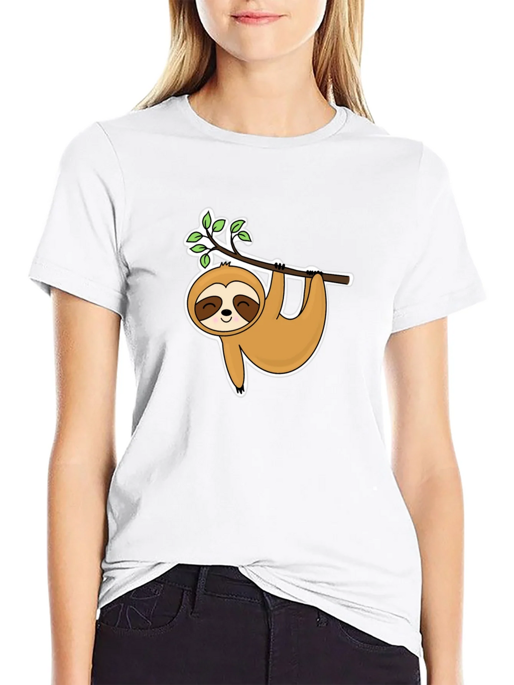 Cute Sloth Hanging On Branch Black T-Shirt