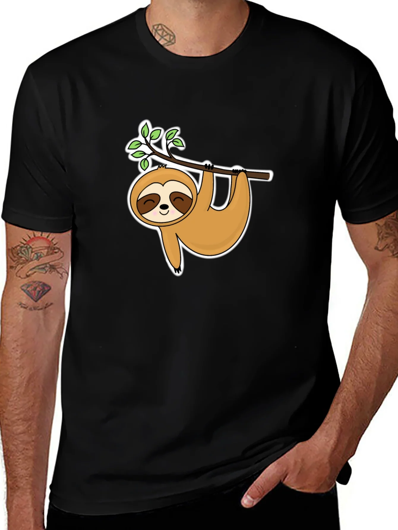 Cute Sloth Hanging On Branch Black T-Shirt