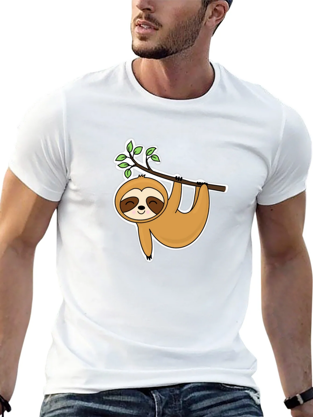Cute Sloth Hanging On Branch Black T-Shirt