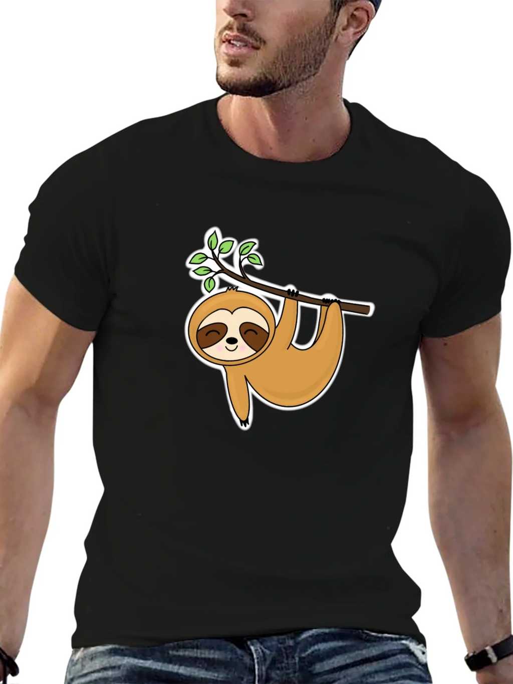 Cute Sloth Hanging On Branch Black T-Shirt