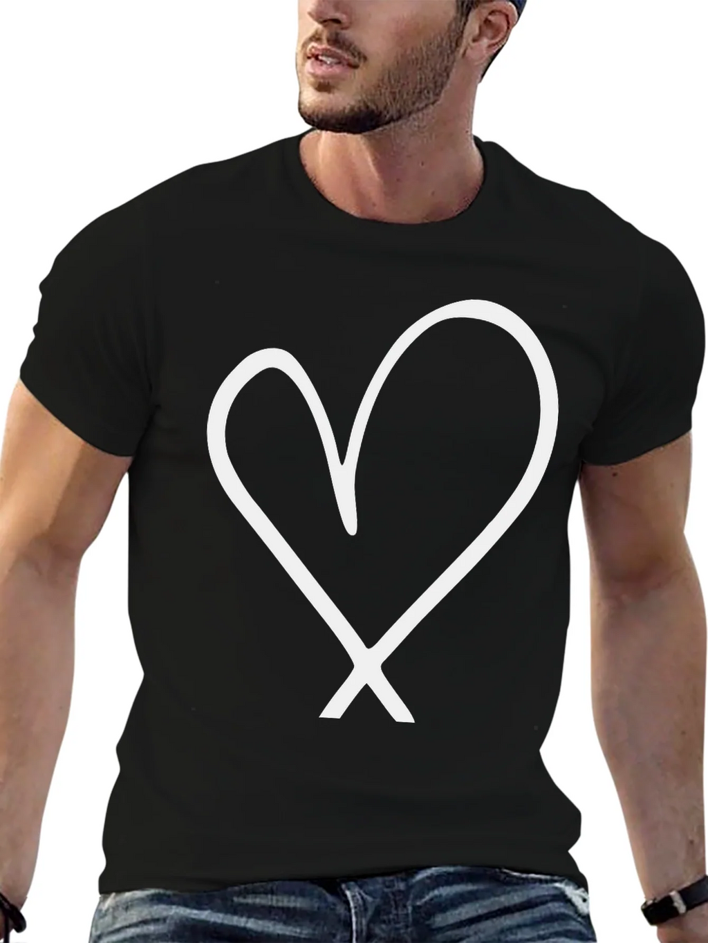 Black T-Shirt with White Heart Graphic