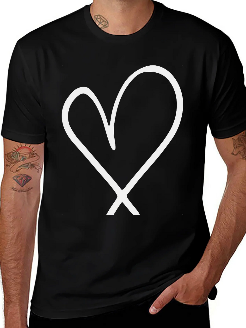 Black T-Shirt with White Heart Graphic
