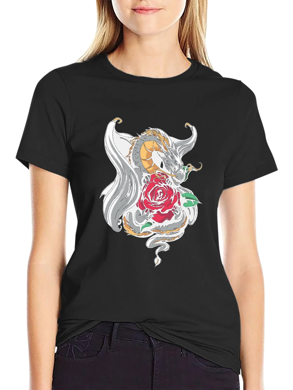 Dragon and Rose Graphic Tee - Black