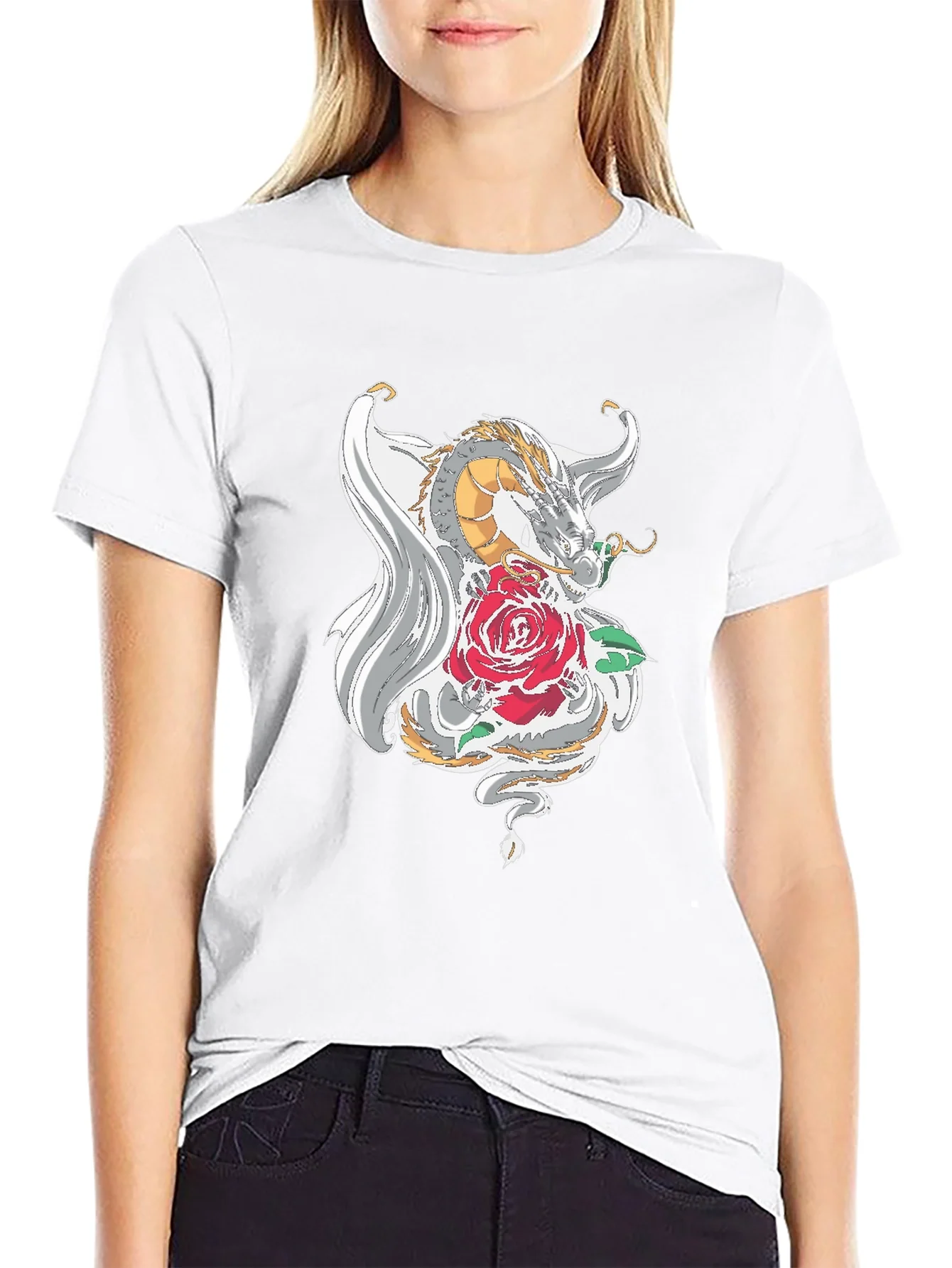 Dragon and Rose Graphic Tee - Black
