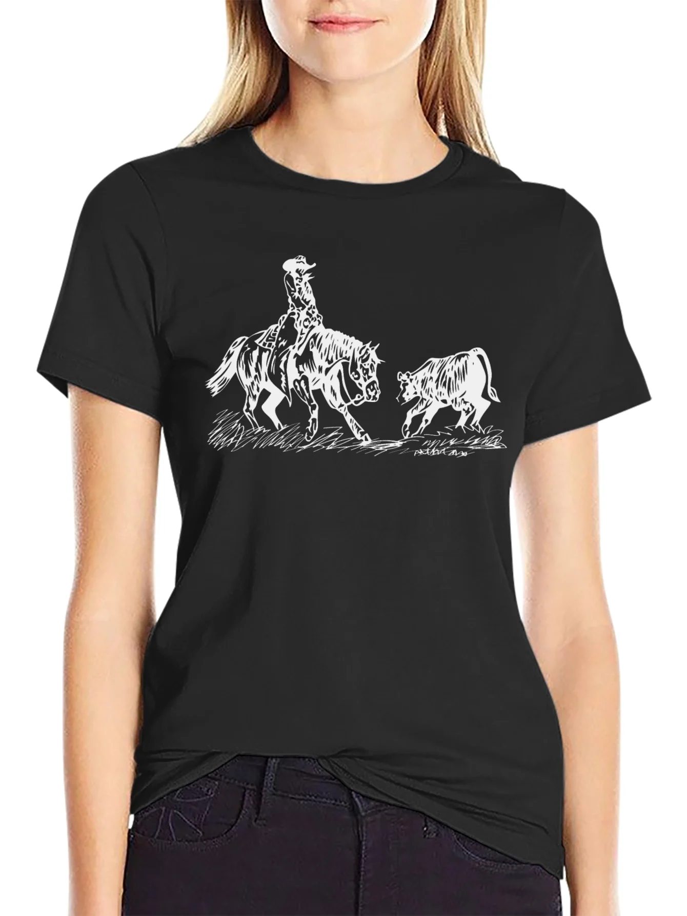 Cowboy Horse Bull Graphic Tee - Black Cotton