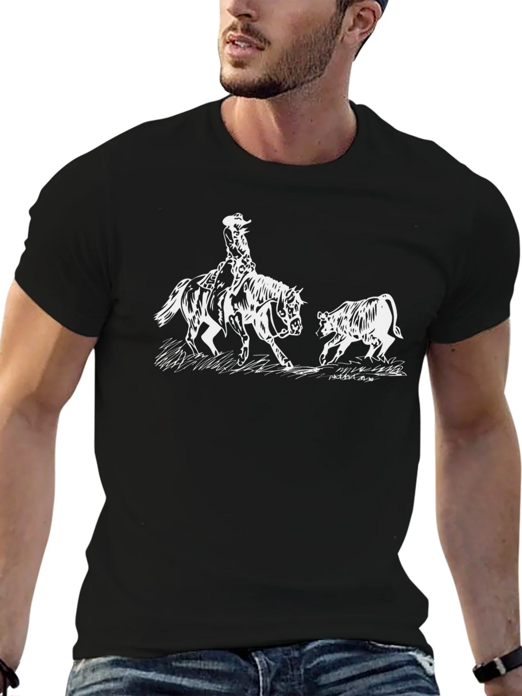 Cowboy Horse Bull Graphic Tee - Black Cotton