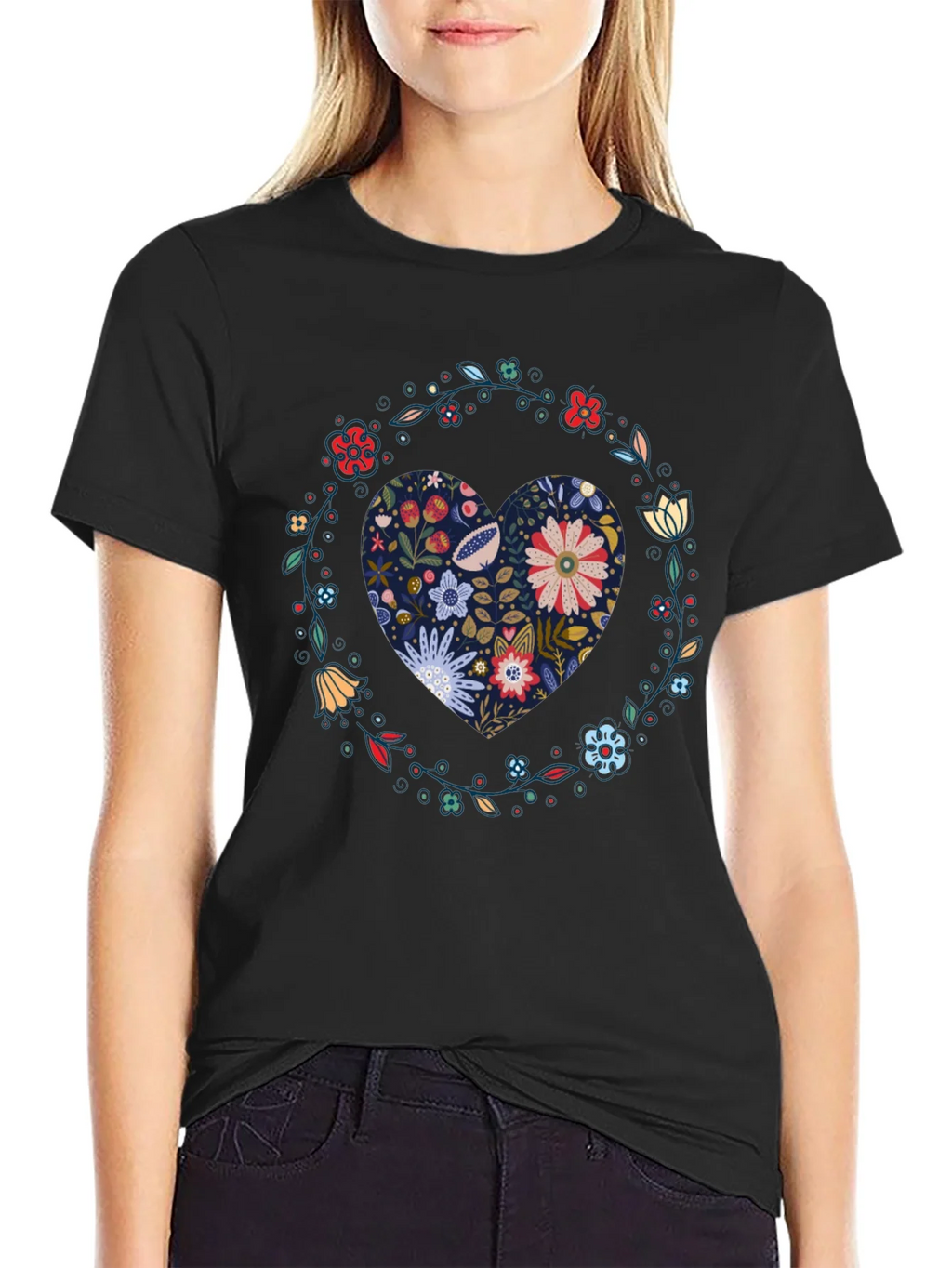 Floral Heart Graphic Tee - Black Cotton T-Shirt