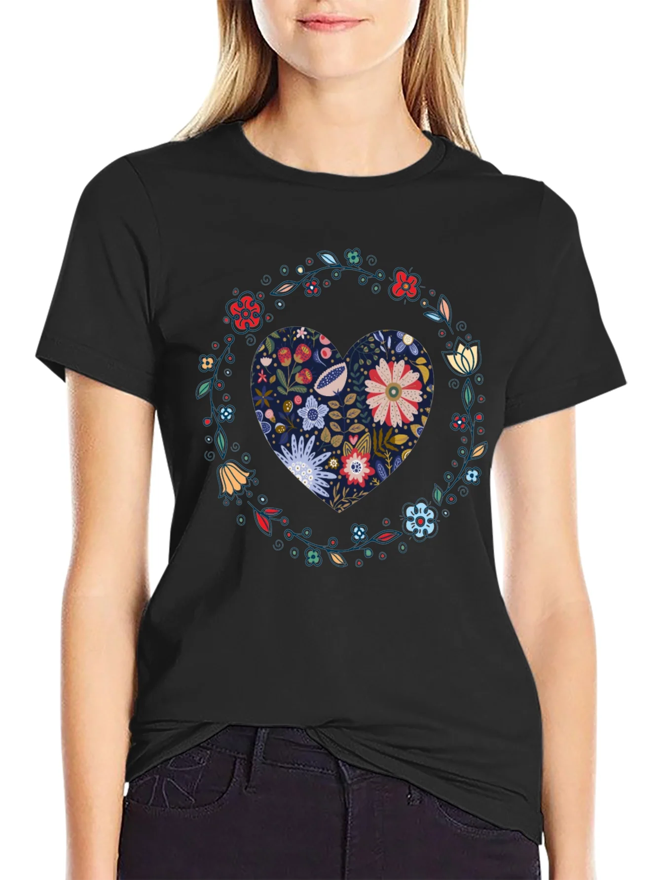 Floral Heart Graphic Tee - Black Cotton T-Shirt