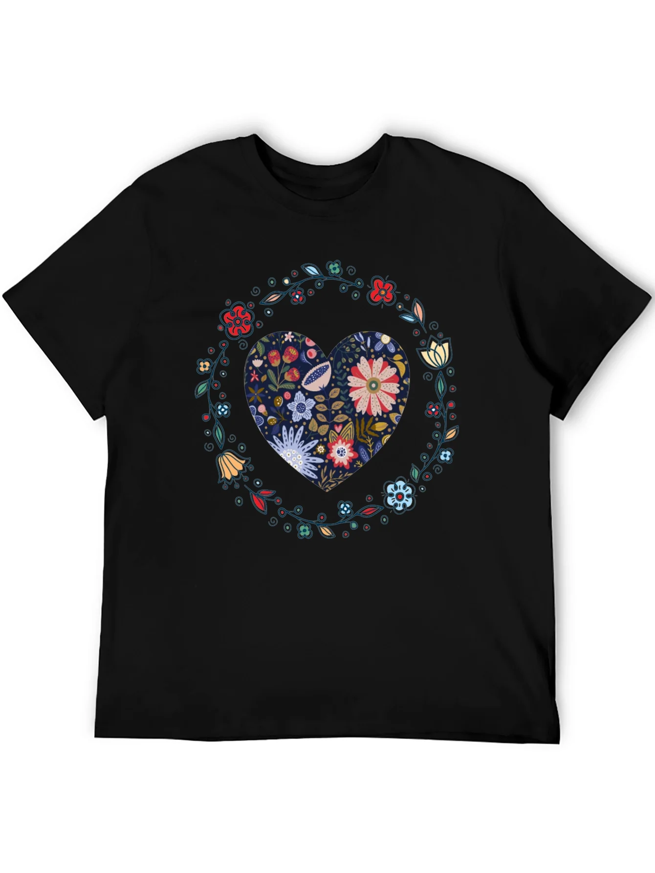 Floral Heart Graphic Tee - Black Cotton T-Shirt