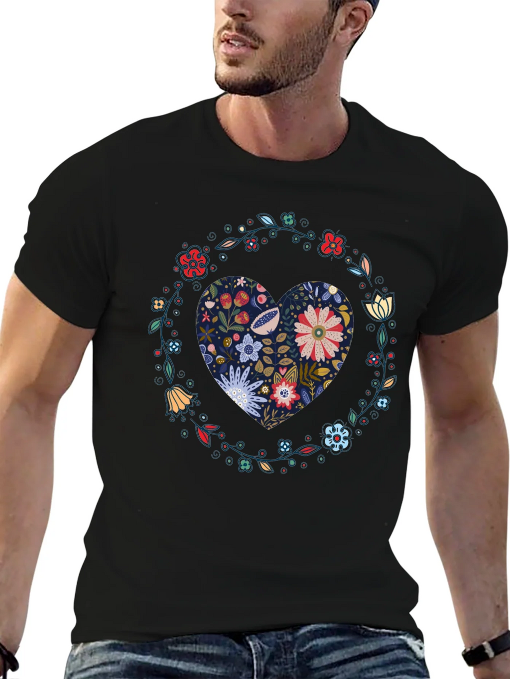 Floral Heart Graphic Tee - Black Cotton T-Shirt