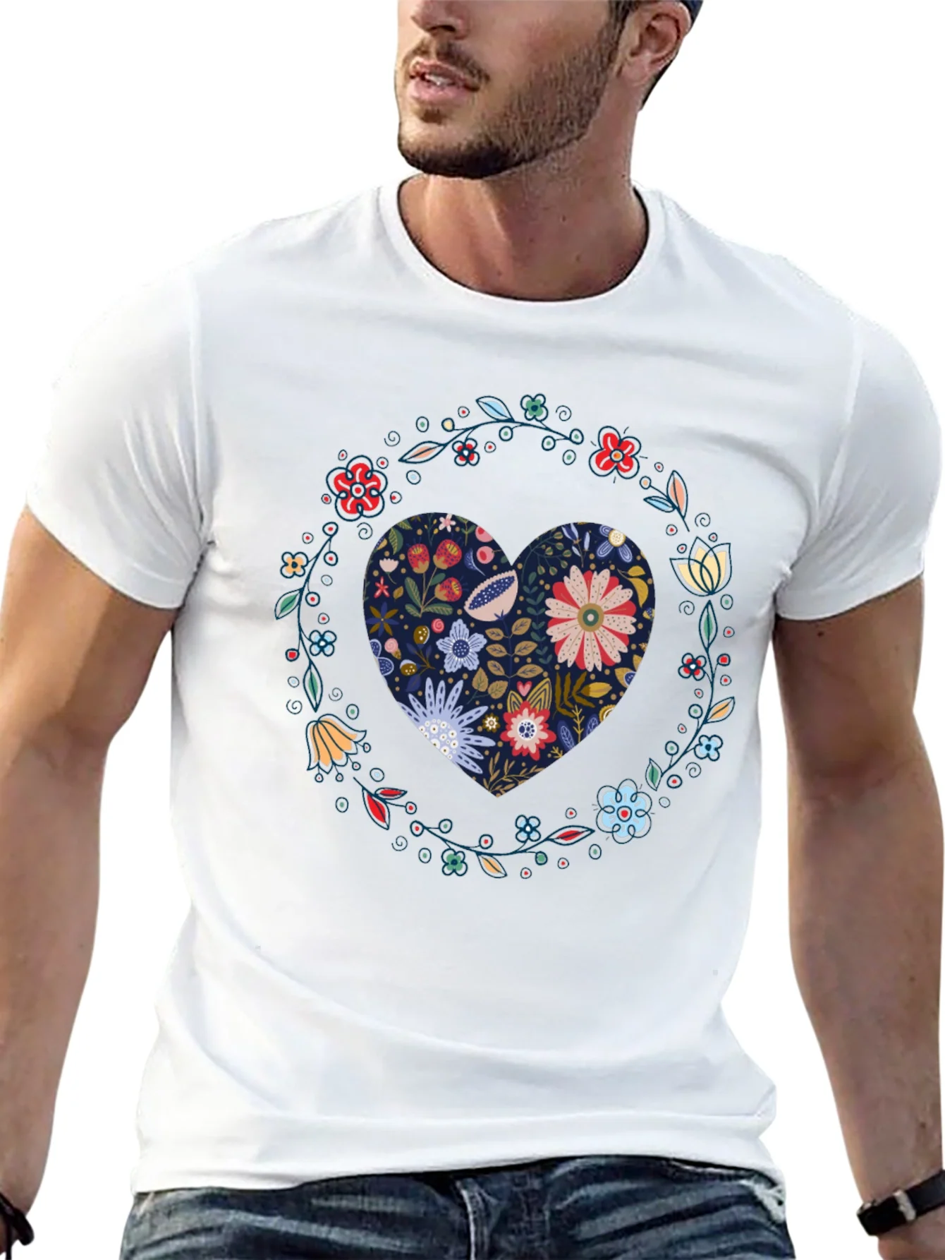 Floral Heart Graphic Tee - Black Cotton T-Shirt