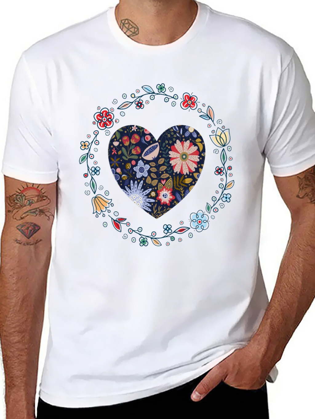 Floral Heart Graphic Tee - Black Cotton T-Shirt