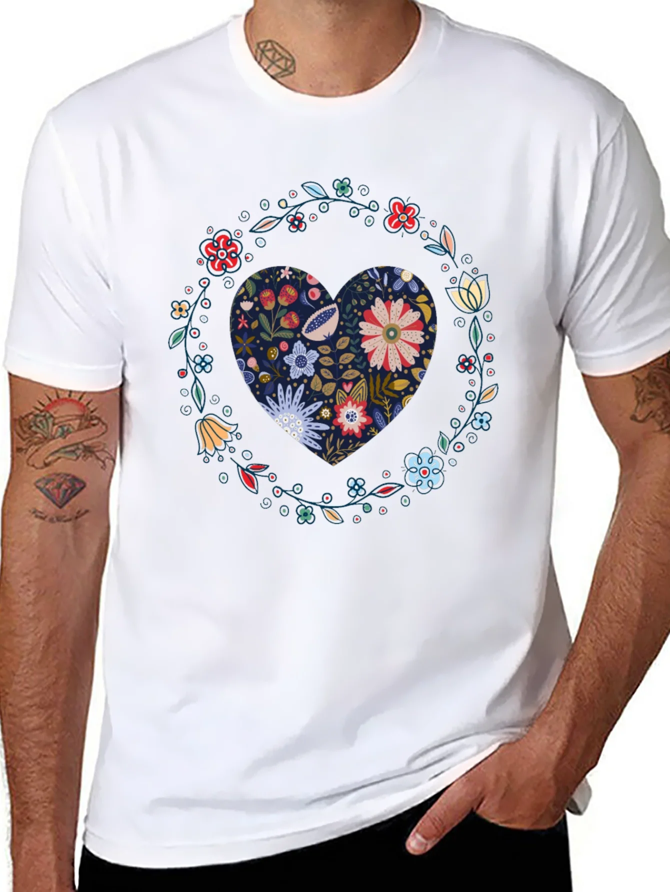 Floral Heart Graphic Tee - Black Cotton T-Shirt
