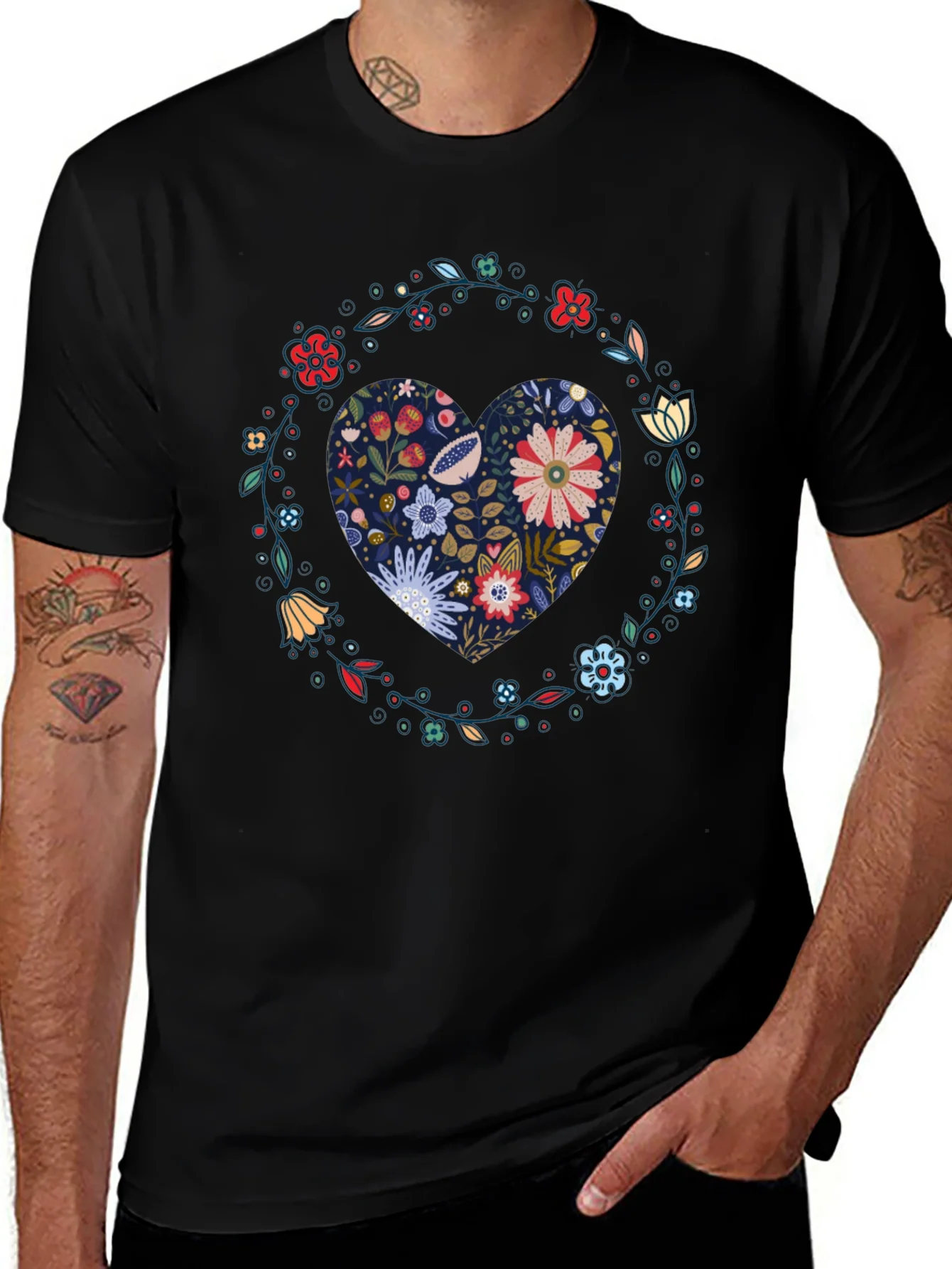 Floral Heart Graphic Tee - Black Cotton T-Shirt