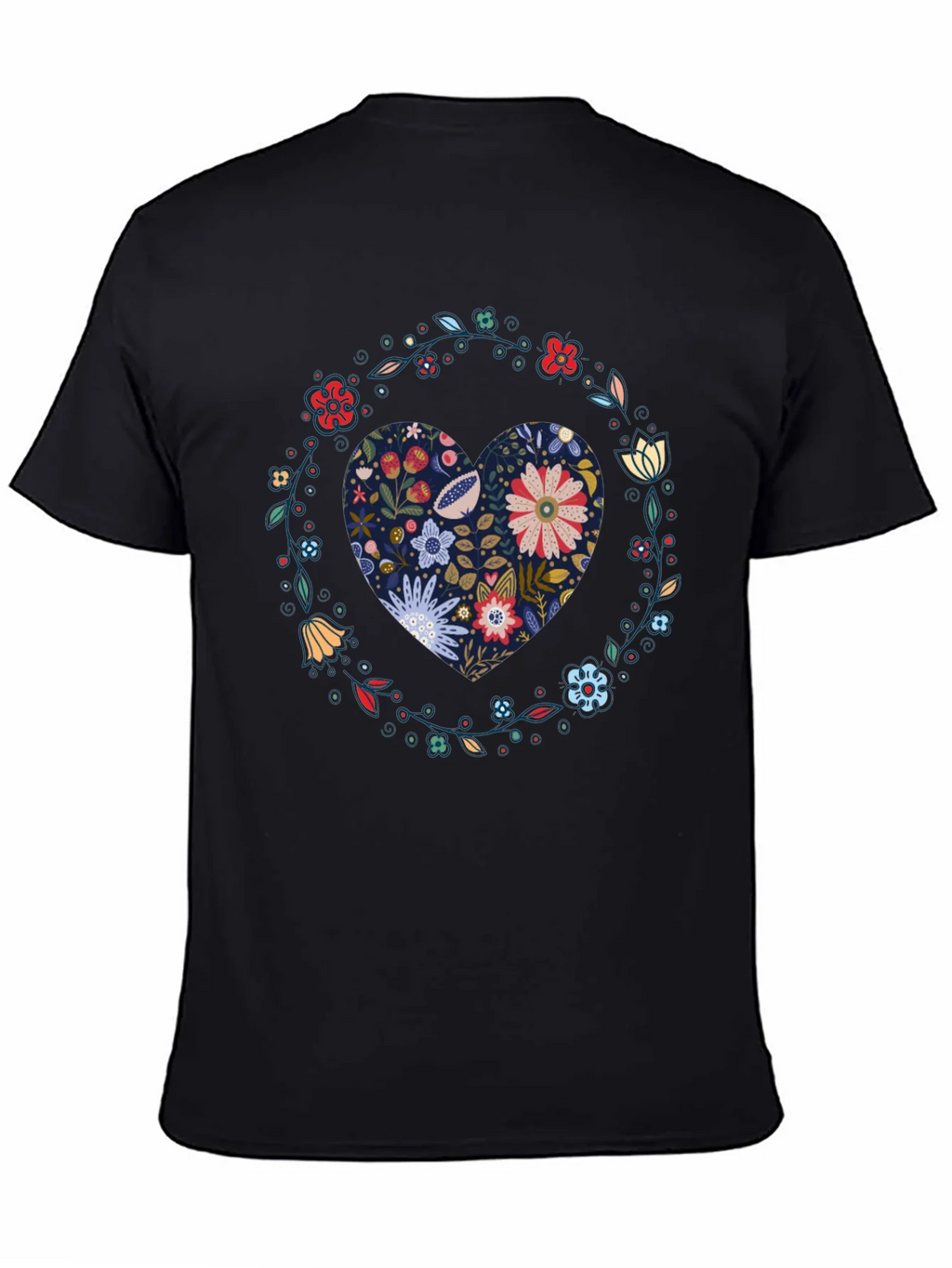 Floral Heart Graphic Tee - Black Cotton T-Shirt