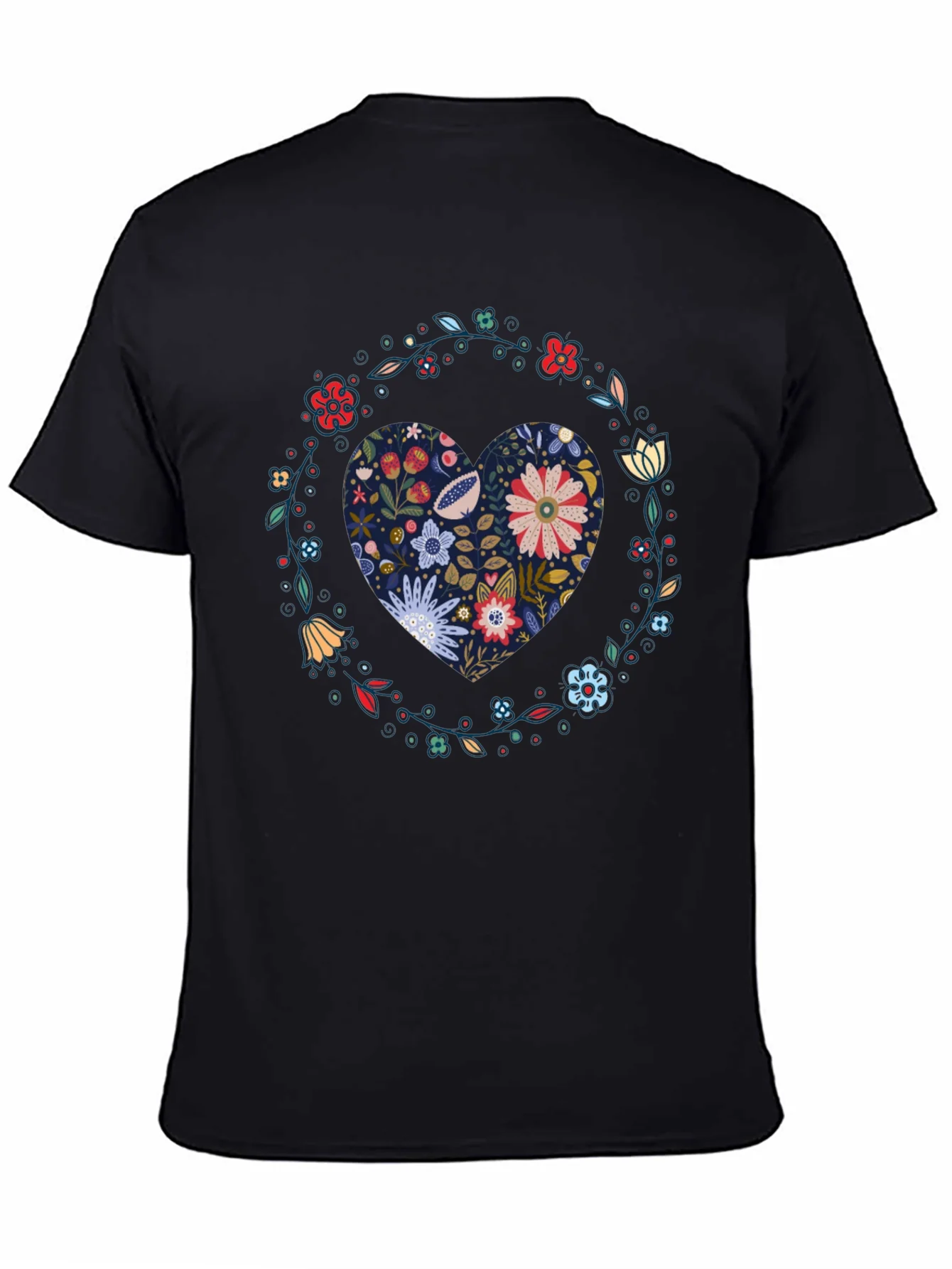 Floral Heart Graphic Tee - Black Cotton T-Shirt