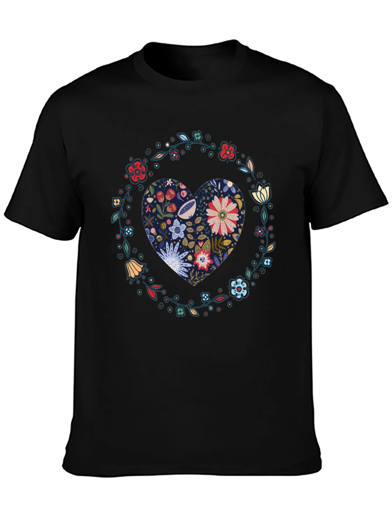 Floral Heart Graphic Tee - Black Cotton T-Shirt