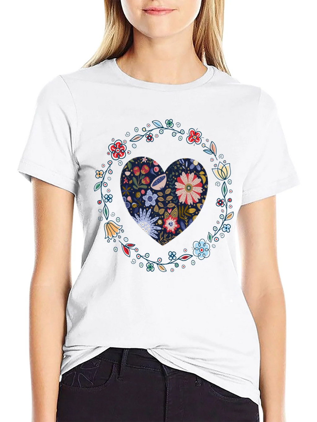 Floral Heart Graphic Tee - Black Cotton T-Shirt