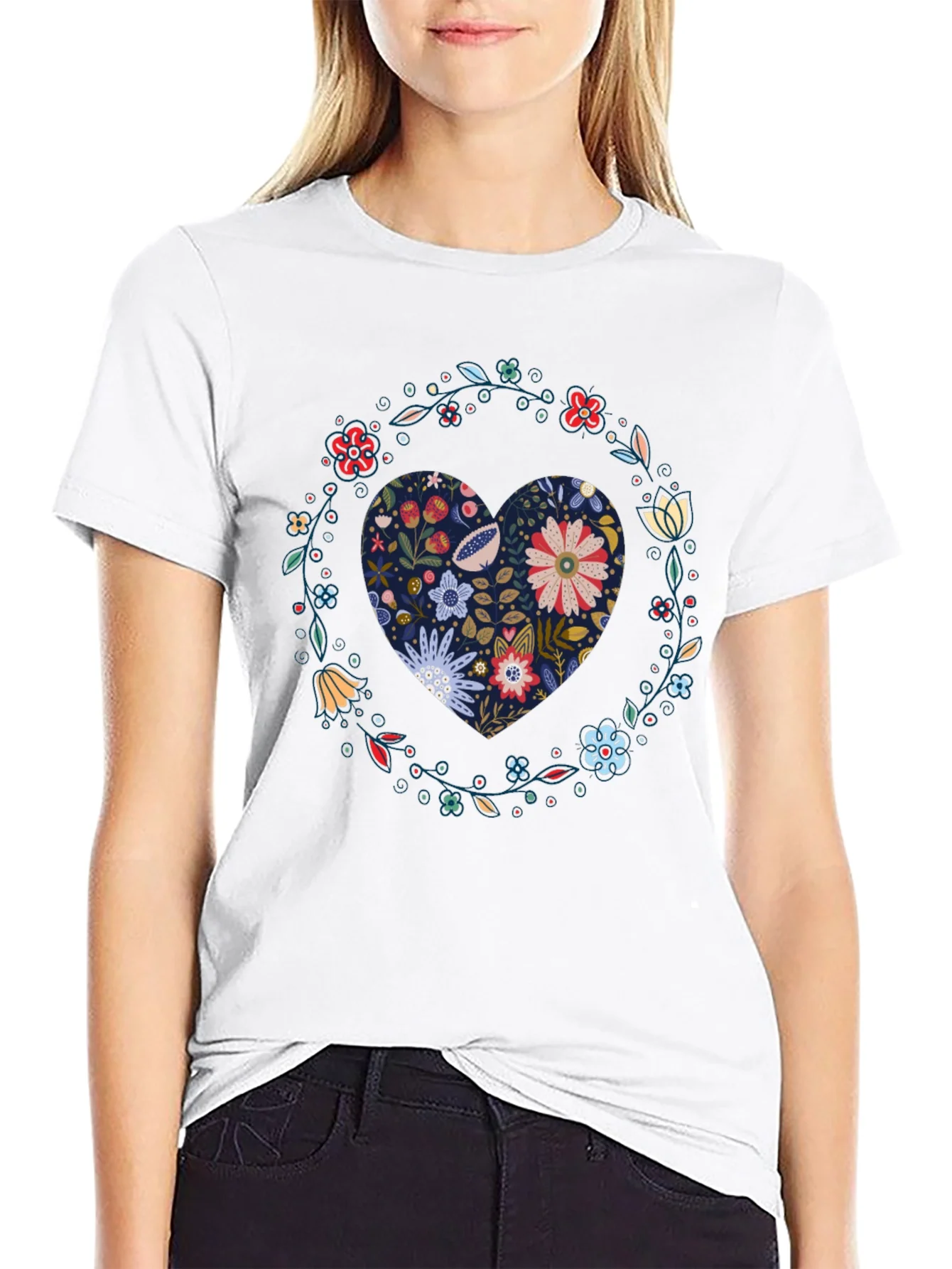 Floral Heart Graphic Tee - Black Cotton T-Shirt