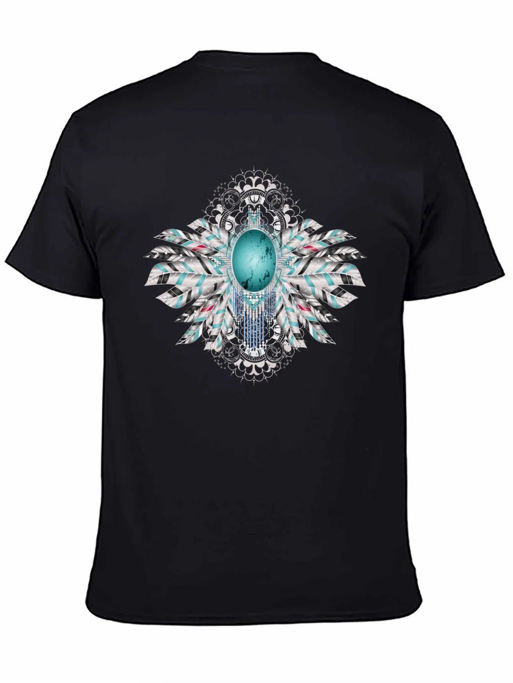 Turquoise Feather Graphic Black T-Shirt