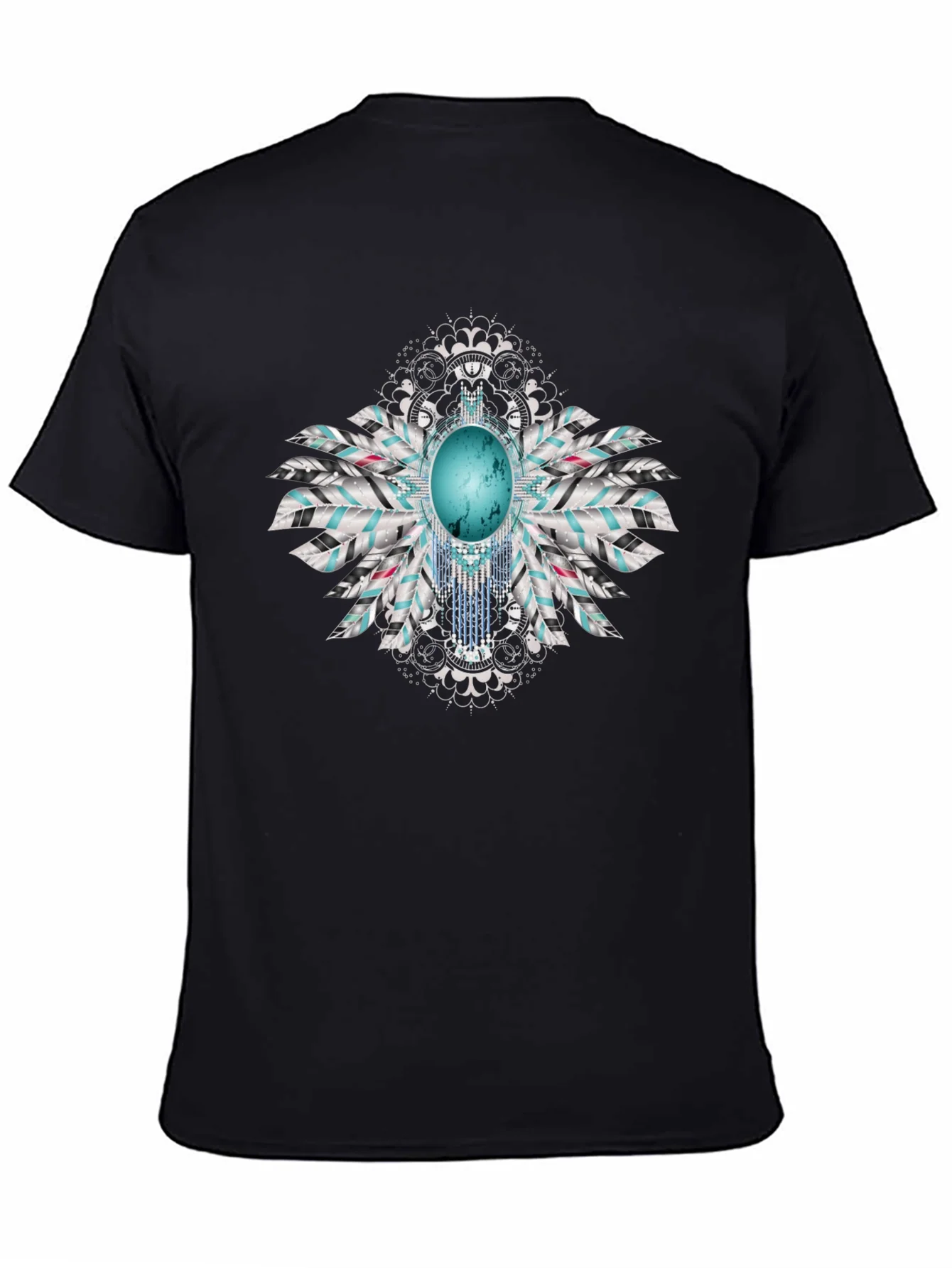 Turquoise Feather Graphic Black T-Shirt