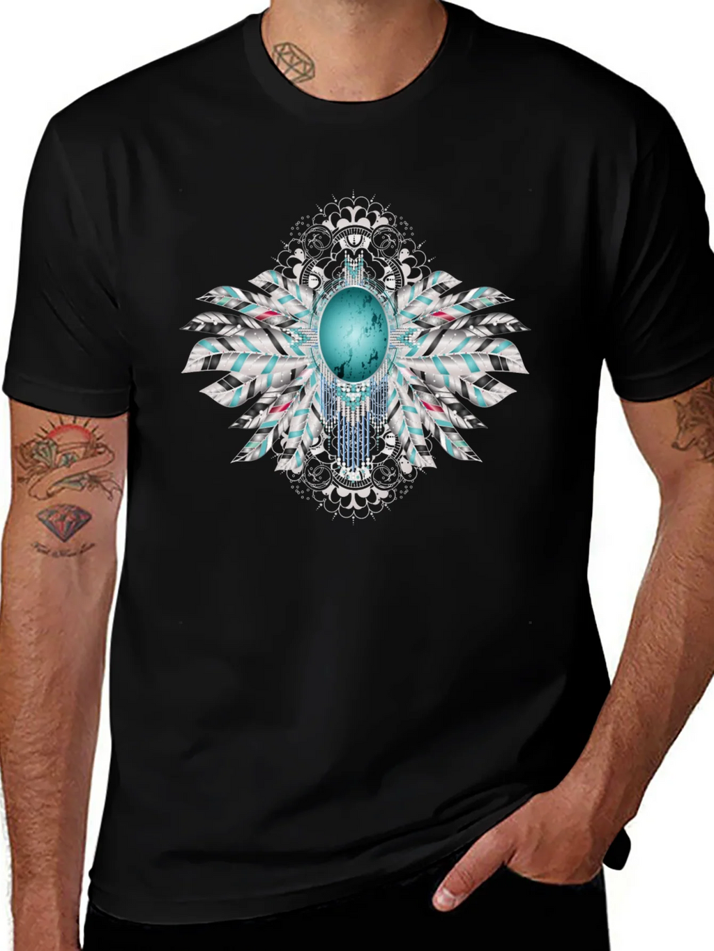 Turquoise Feather Graphic Black T-Shirt