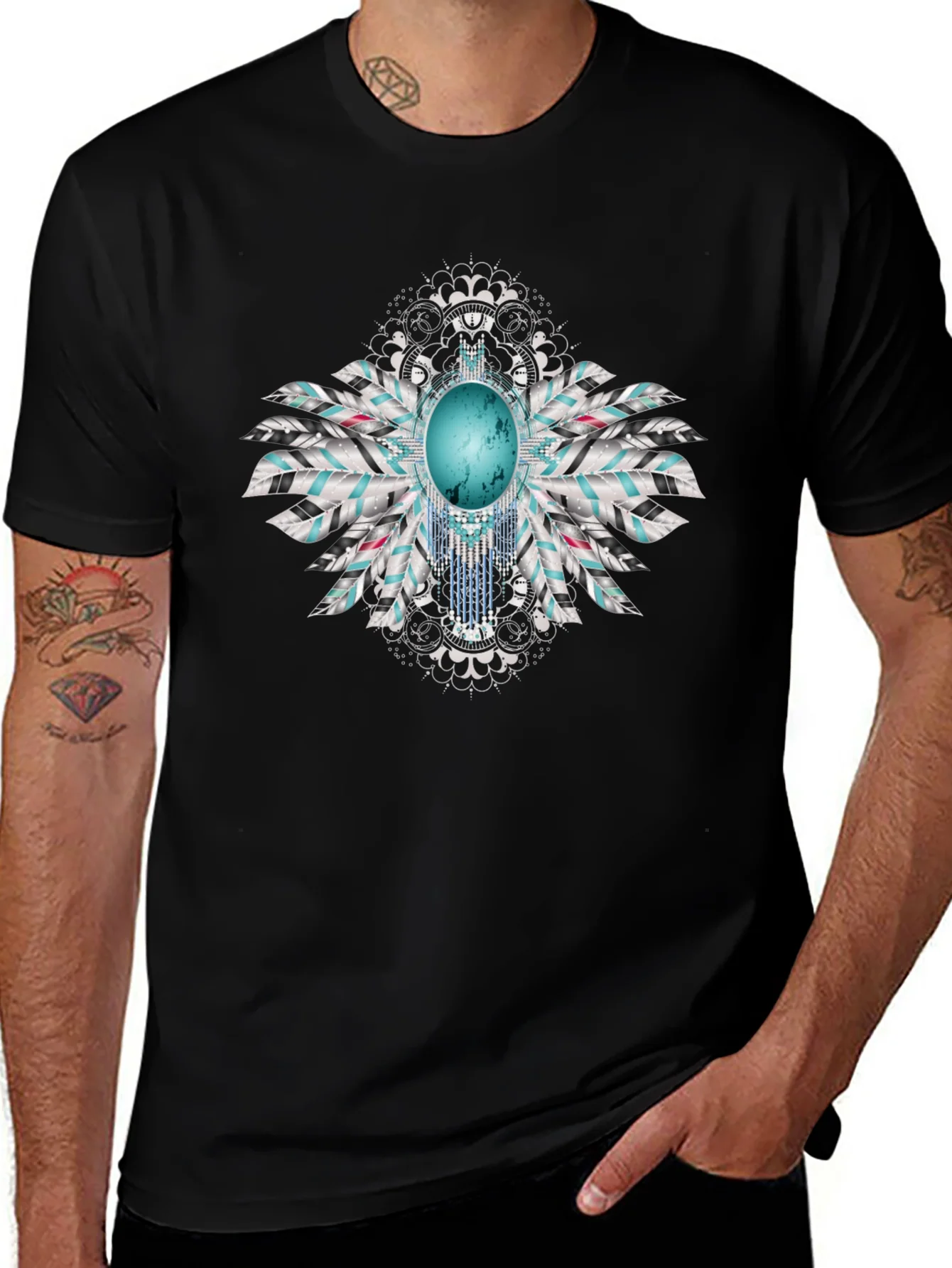 Turquoise Feather Graphic Black T-Shirt